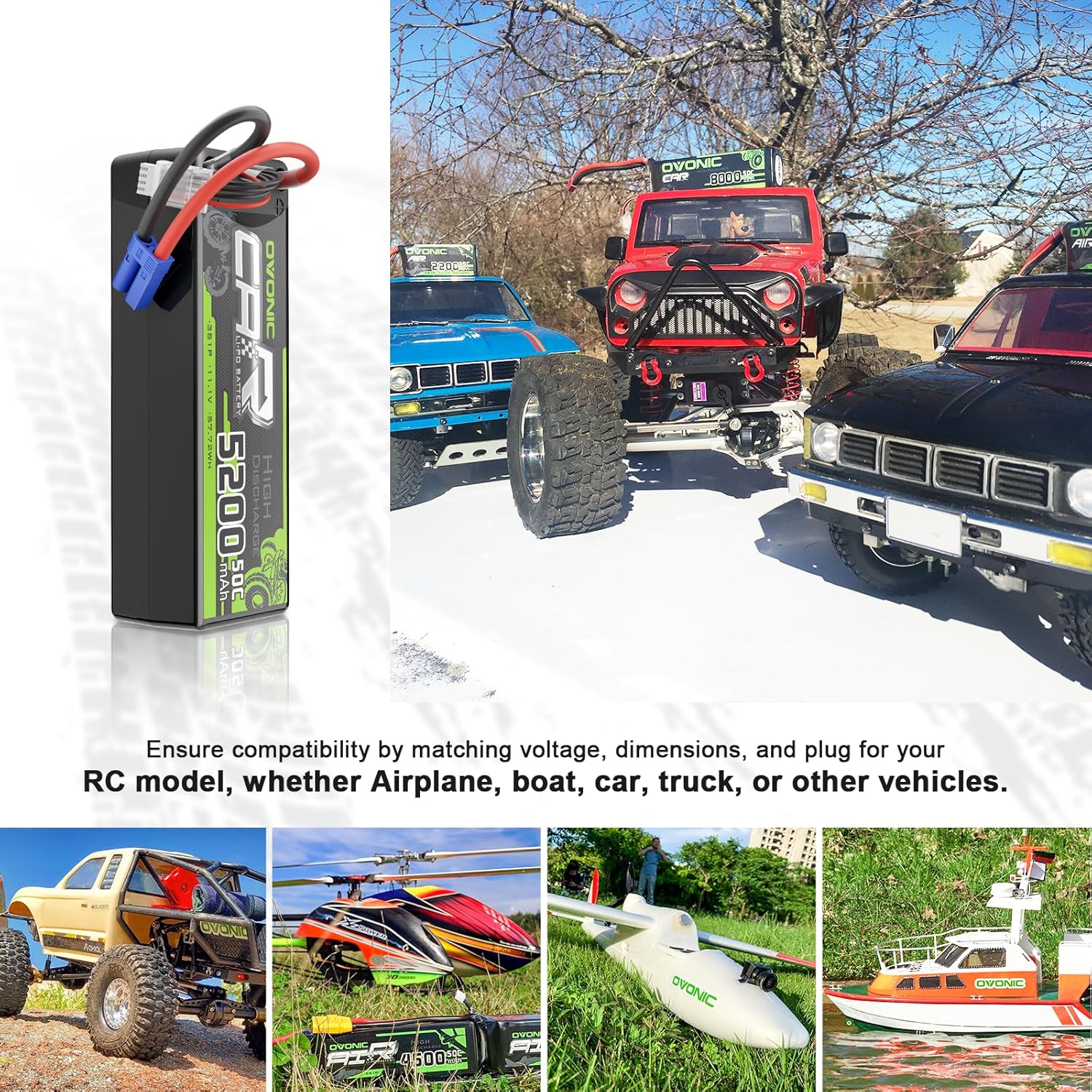 OVONIC 3S Lipo Battery 50C 5200mAh 11.1V Lipo Battery with EC5 Connector for Arrma 1/5 1/8 1/10 RC Car and Truck