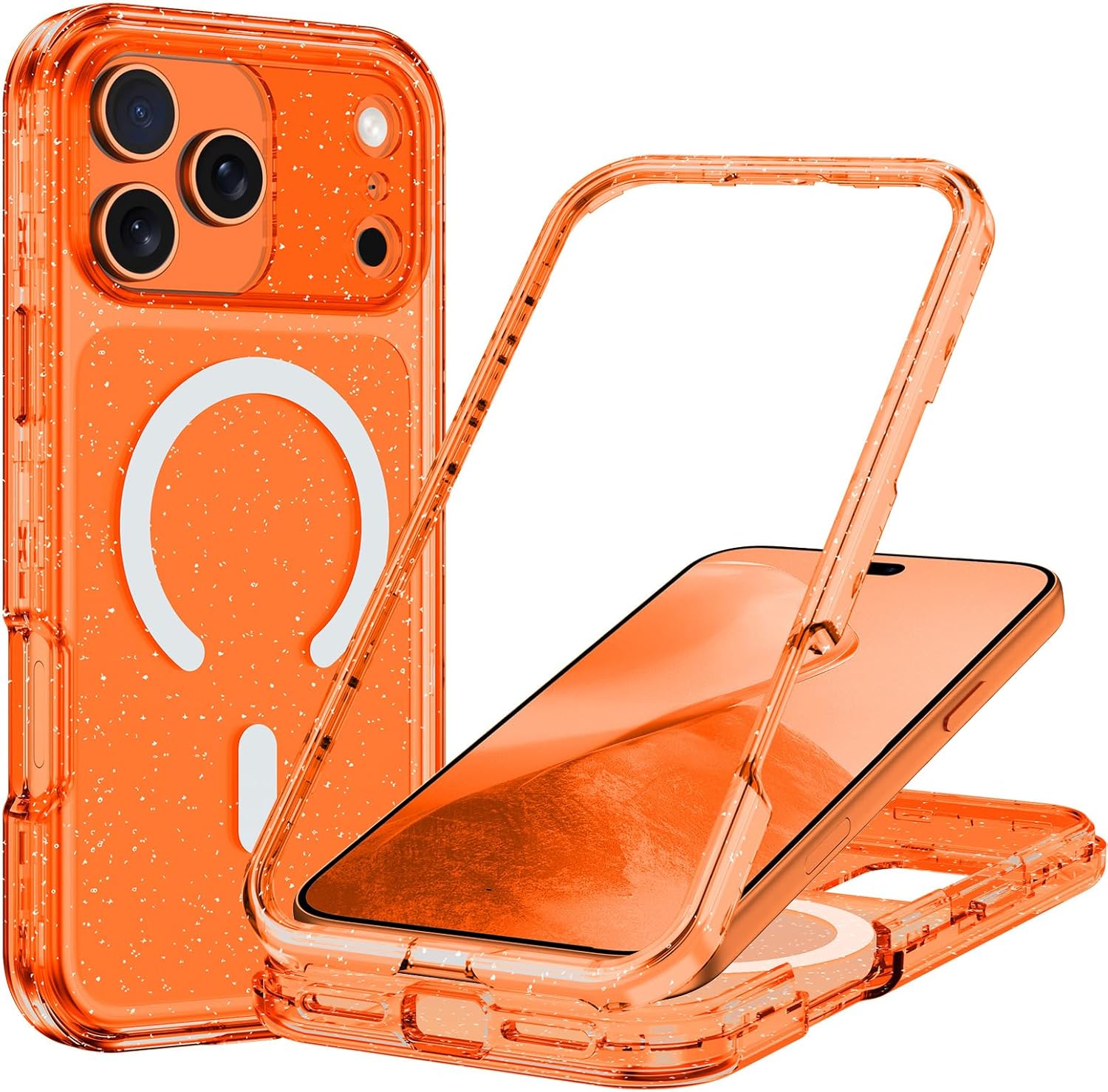 Hekodonk for iPhone 17 Pro Max Case, Compatible with Magsafe Heavy Duty Full Body Shockproof Protection 3 in 1 Women Girl Bling Case,Glitter Orange