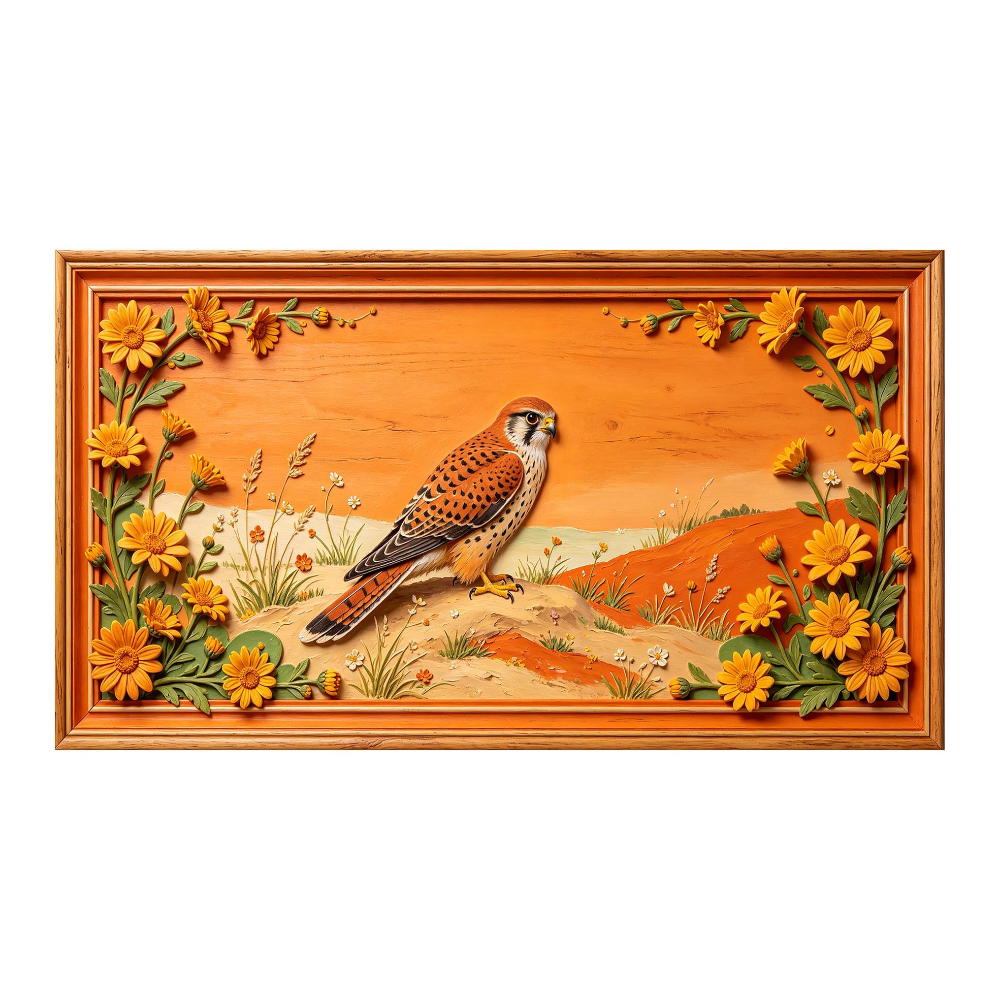 Murasolite 3D 3D Framed Wall Art 50cm×90cm Falcon and Wildflower Meadow Relief Effect SelfAdhesive Fabric Mural Wall Decor, Peel and Stick No Damage to Wall for Bedroom Living Room