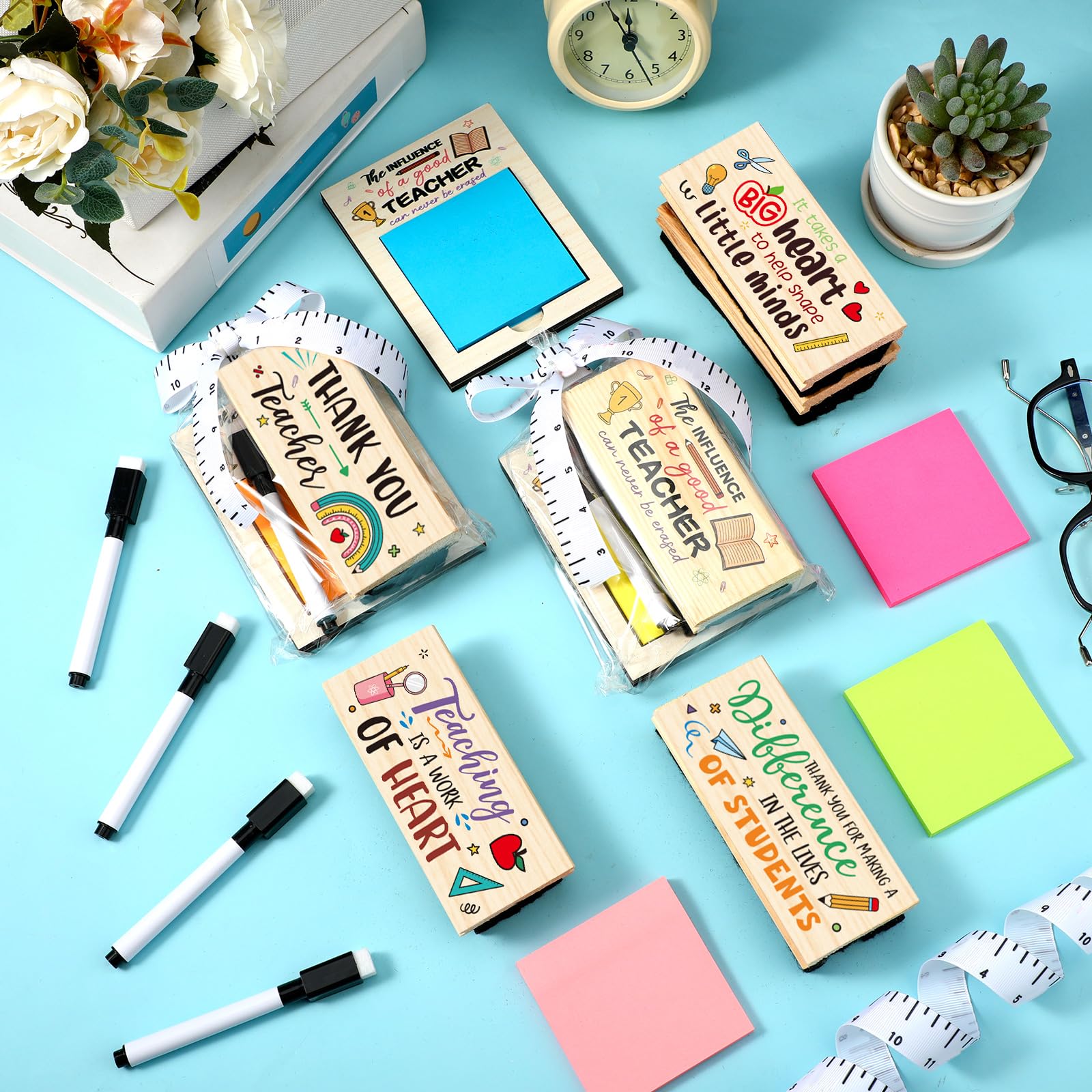 Kosiz 6er Geschenk-Set von Lehrer zu schätzen wissen, inkl. 6 Danksagungskartonträger, 6 Blatt selbstklebend, 6 Holznotizenhalter für Lehrer