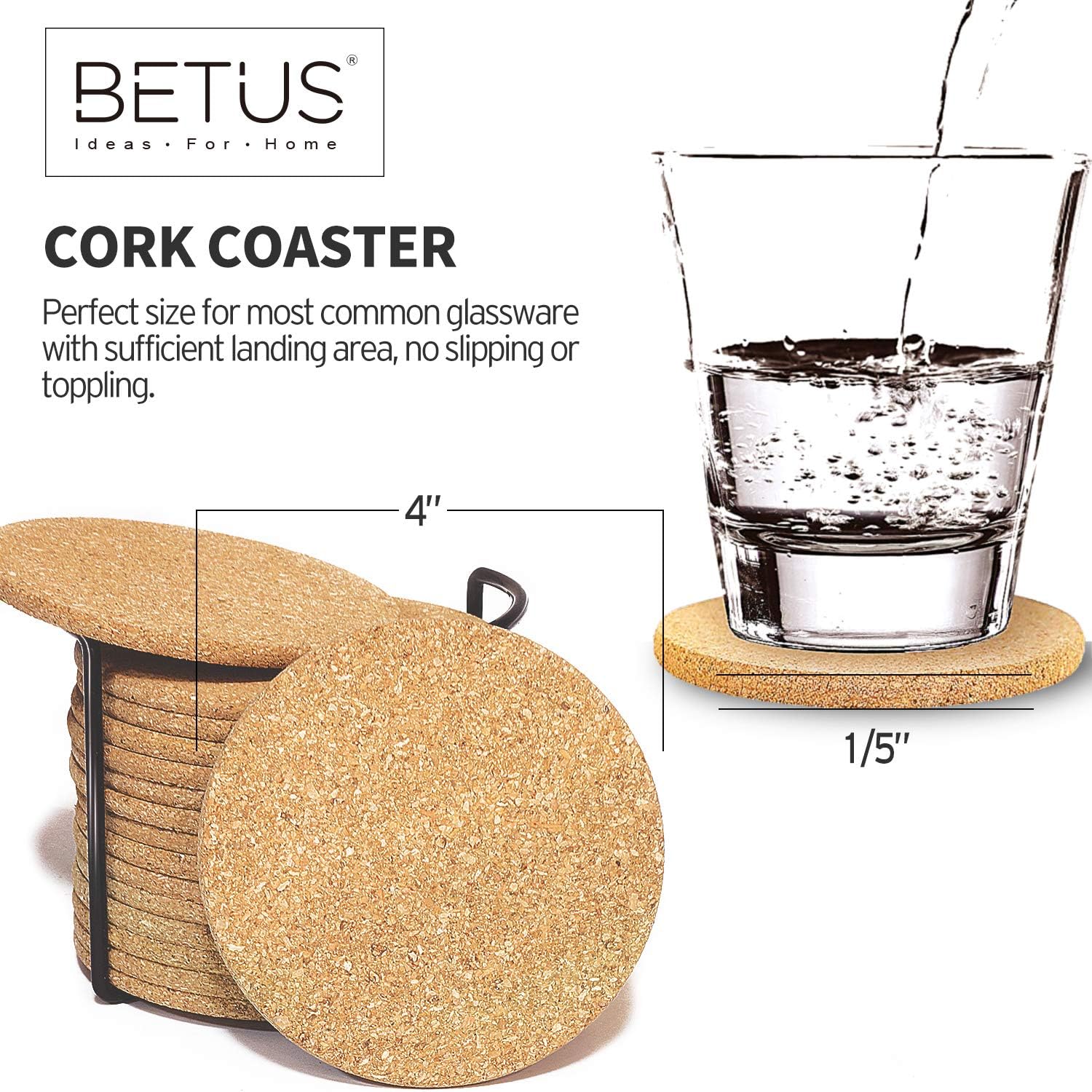 🔥 Cashback up to 70% BETUS Round Cork Coasters 16pc Bulk Set with Metal Holder - 4 Diameter & 1/5 Thick - Drink Absorbent, Heat-Resistant, Reusable Saucer Pad for Glasses, Cup, DIY project, Restaurant & Wedding Supplies