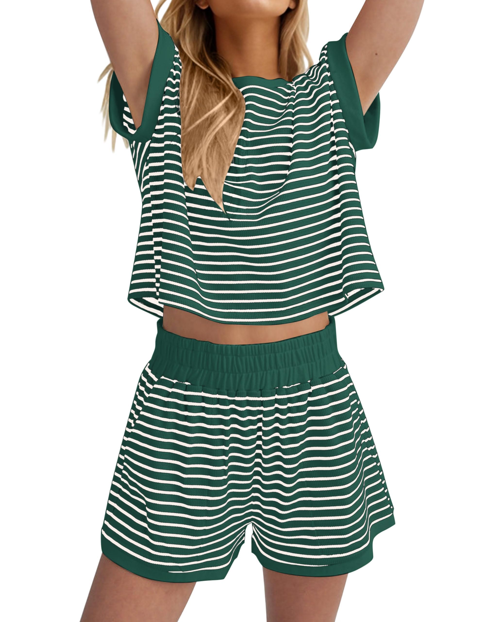 Burtell Women Summer 2 Piece Lounge Sets Striped Short Sleeve Tee Shirts Mini Shorts Loungewear Shorts Set Ribbed Pajama Set