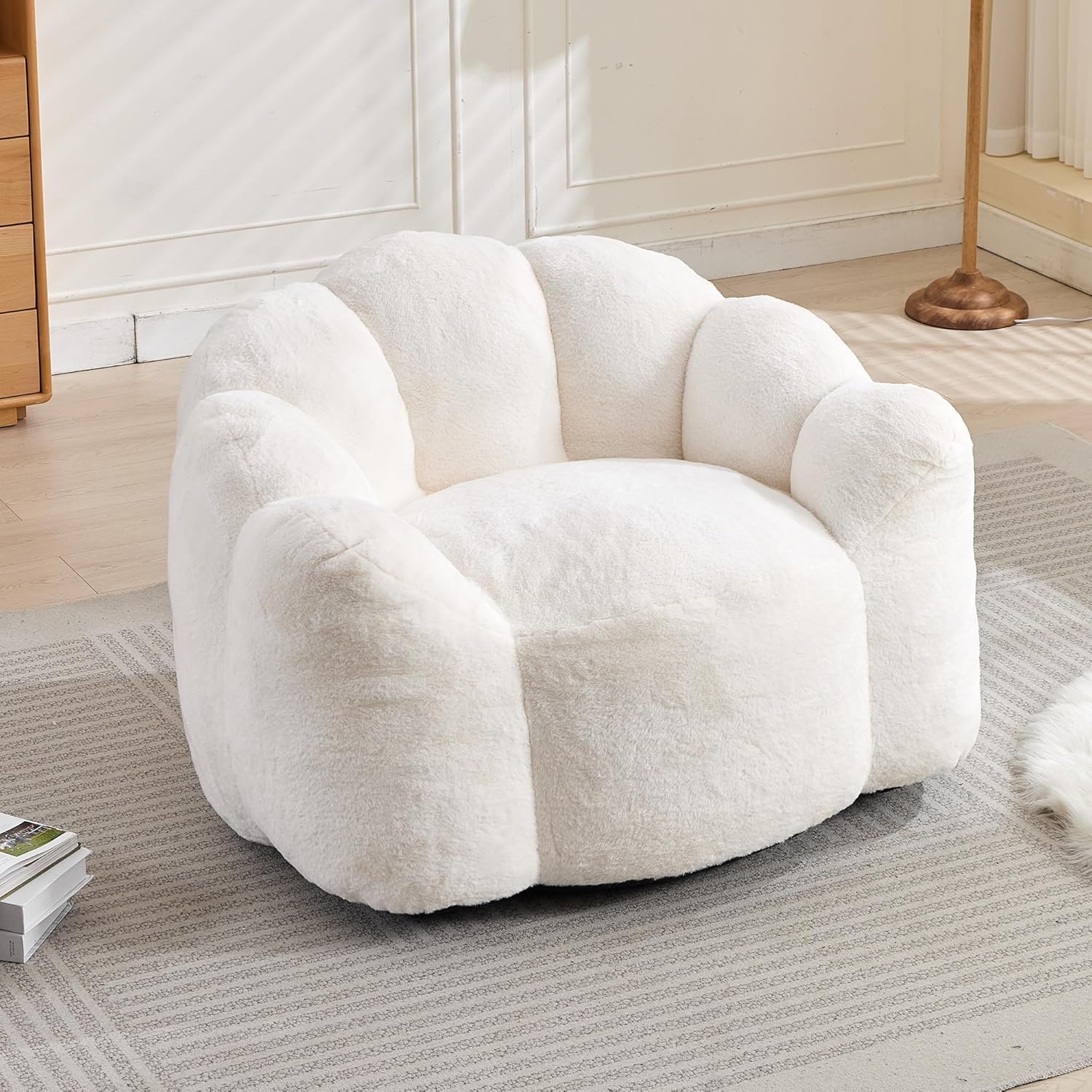 Bean Bag Chair for Adults, Floral Shaped Bean Bag Single Sofa, Ultra Soft Faux Fur Floor Sofa, Oversize Reading Chair for Living Room,Bedroom, Study, Beige,