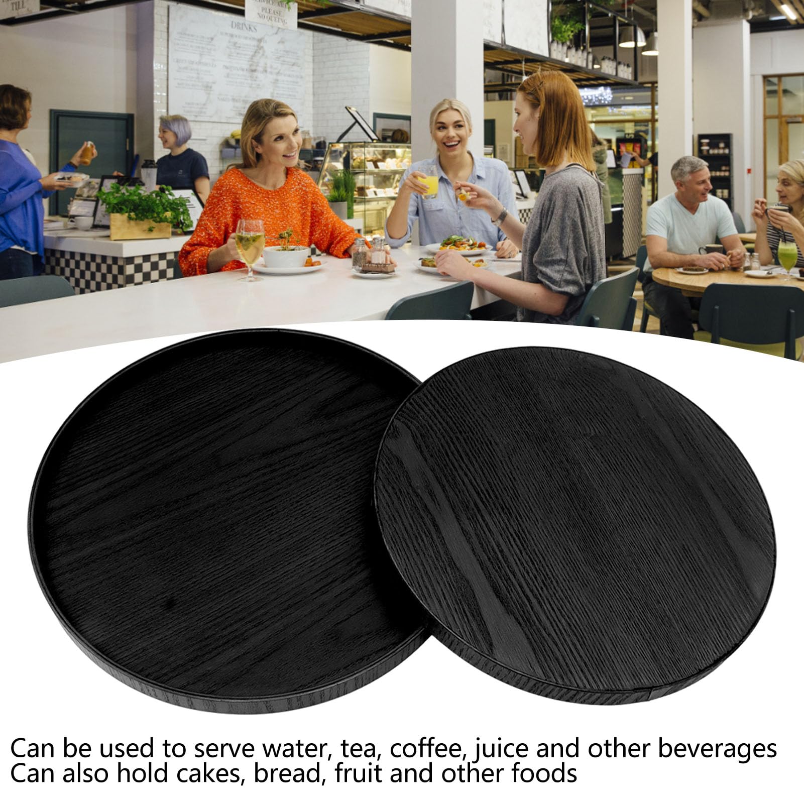 Bandeja de madera negra para servir, antideslizante, a prueba de derrames, multifuncional, redonda, para restaurantes, hogar y fiestas, y elegante accesorio de cocina