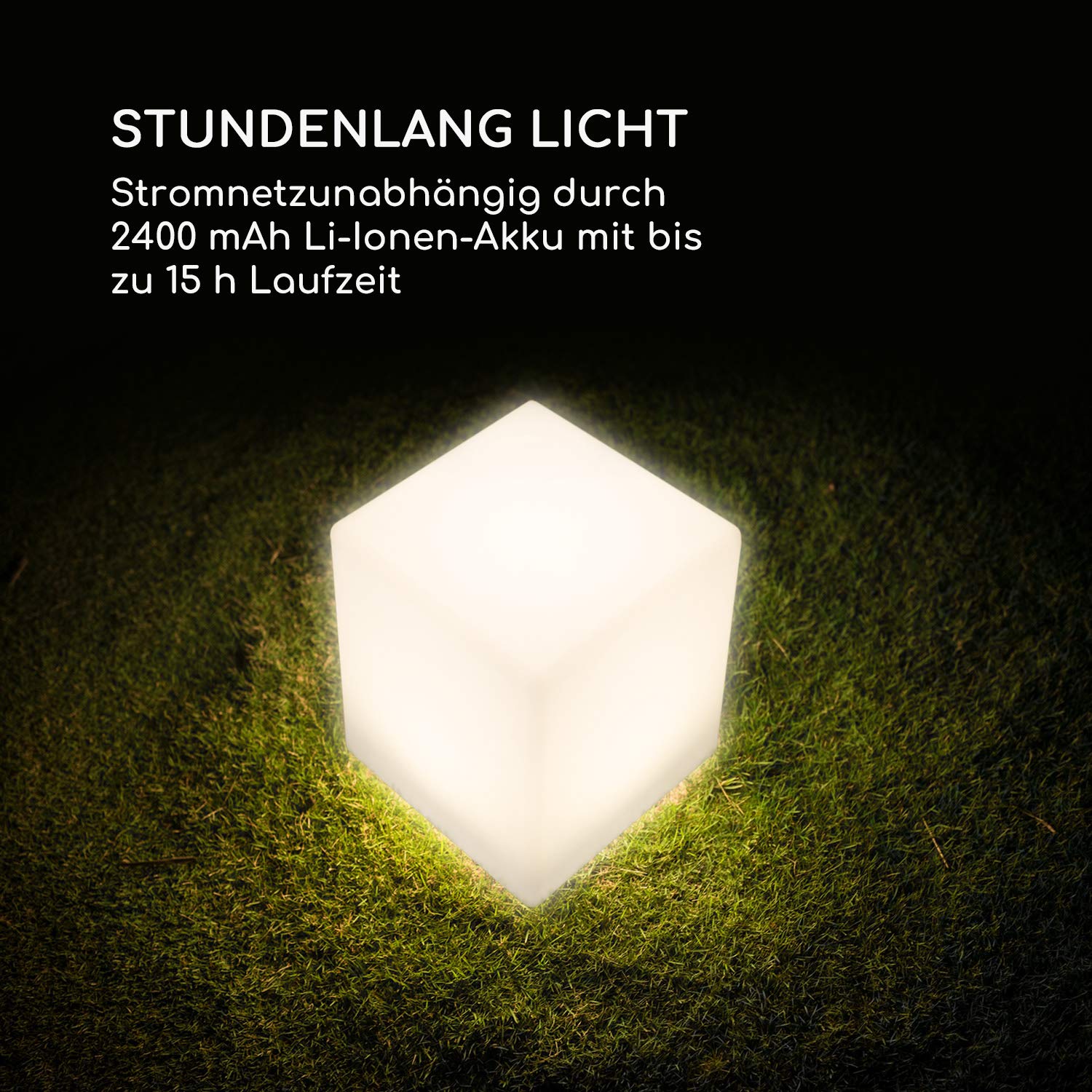 Blumfeldt Shinecube XL Gartenlampe mit LED-Beleuchtung in 16 Farben, Größe: 40 x 40 x 40 cm, Licht-Modi: Strobe, Flash, Fade, Smooth, wasserdicht, Fernbedienung, Akku, In-/ Outdoor, Material: PE, weiß