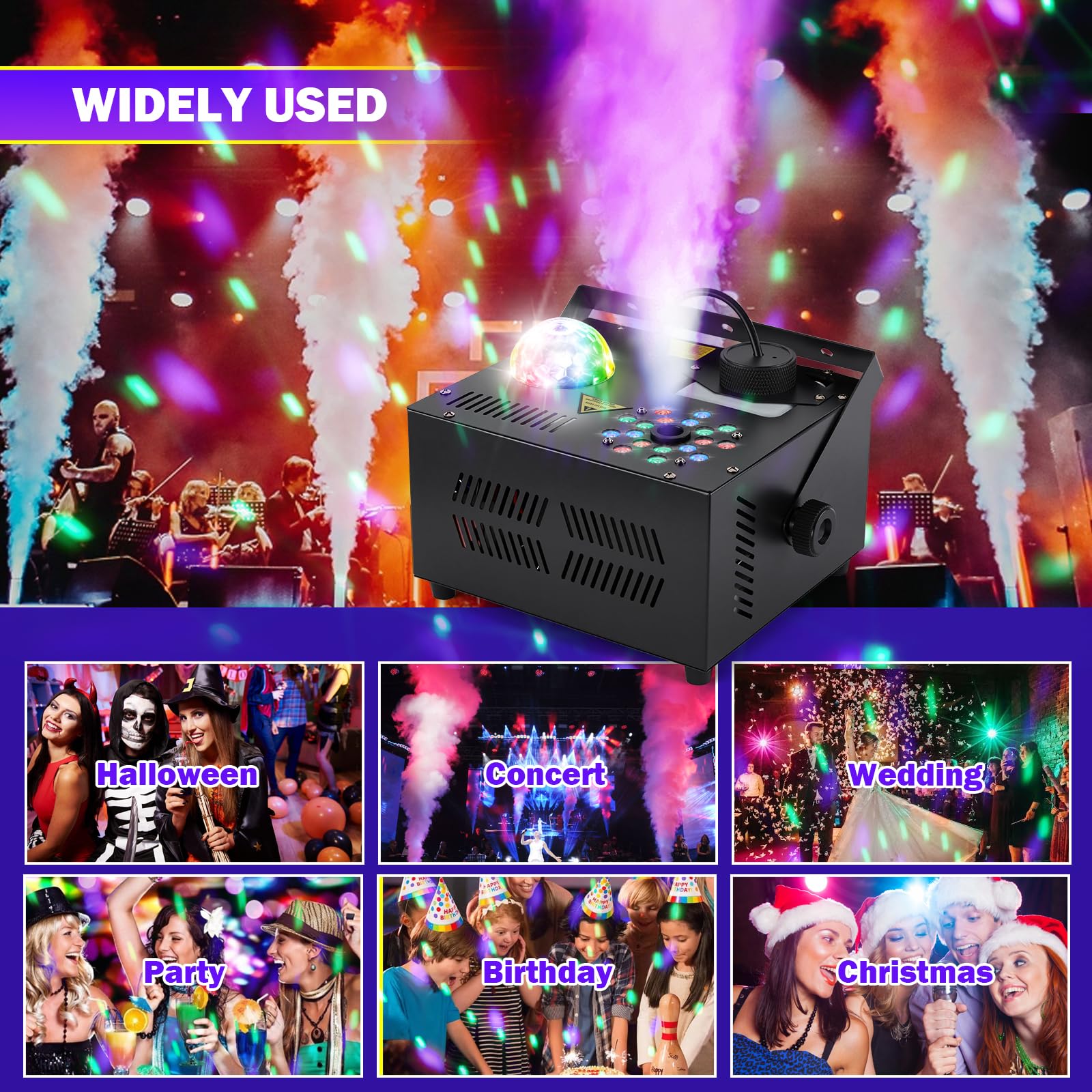 Hakuta 1500W Fog Machine Vertical Smoke Machine with 18 LED Lights, Disco Ball for Halloween Wedding Disco Club Christmas Party DJ Performance