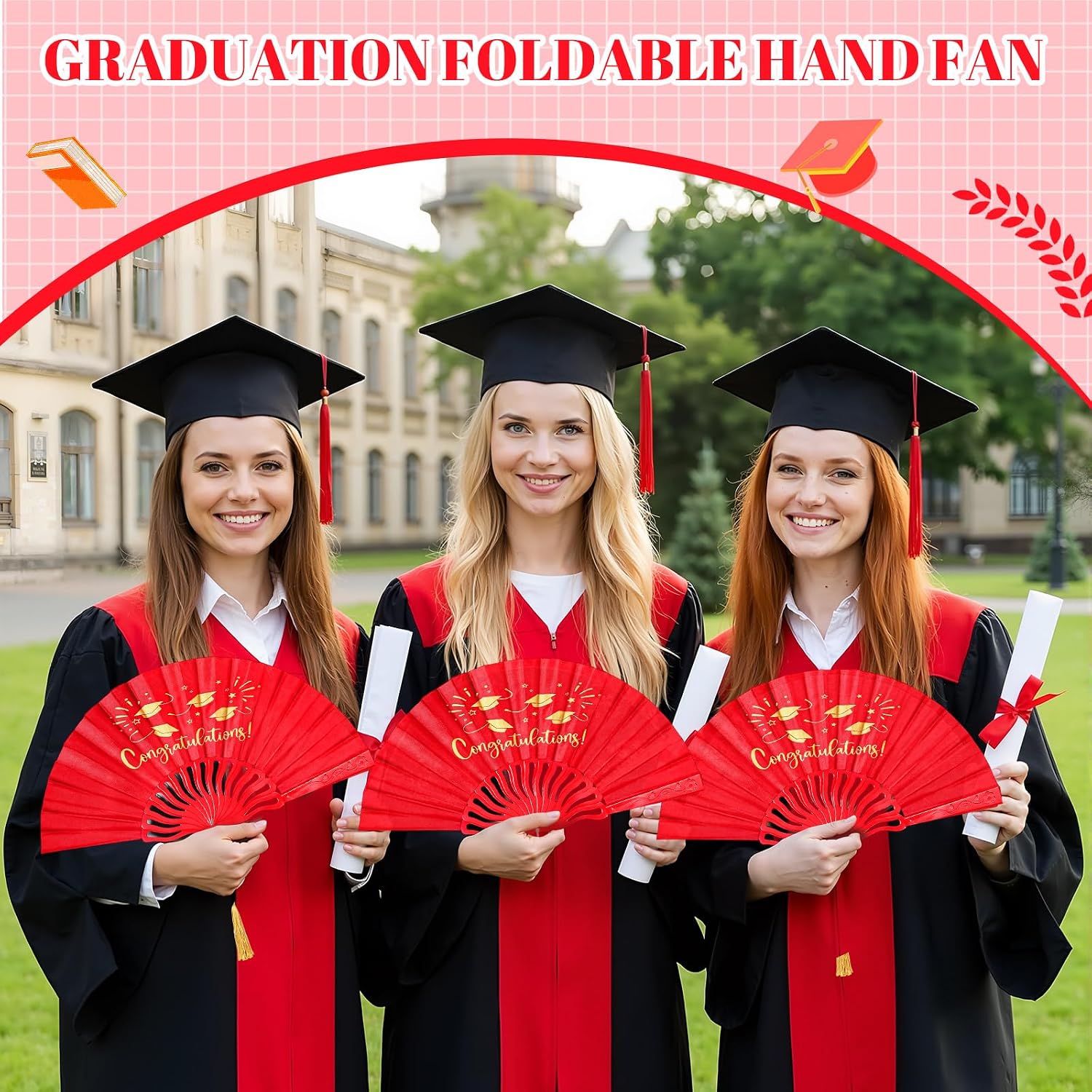 Roowest 6 Pcs Graduation Fans Foldable Handheld Fans Class of 2026 Hand Holders Graduation Photo Prop Grad Party Supplies Graduated Gift for Grad Holiday Favors (Red) image 4