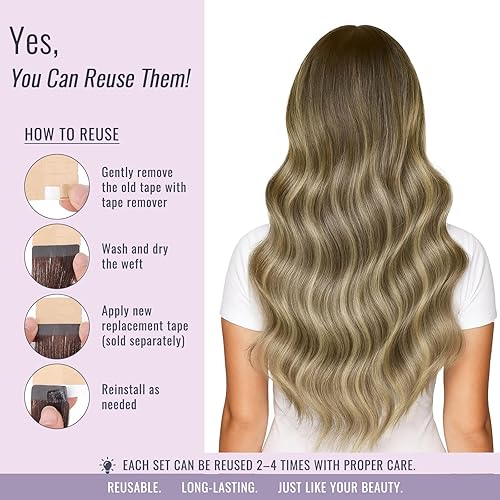 Miniatura 7 de Fshine Extensiones de cabello humano con cinta, 12 pulgadas, 1.06 oz, balayage, castaño a rubio platino, 20 unidades, cabello Remy lacio invisible