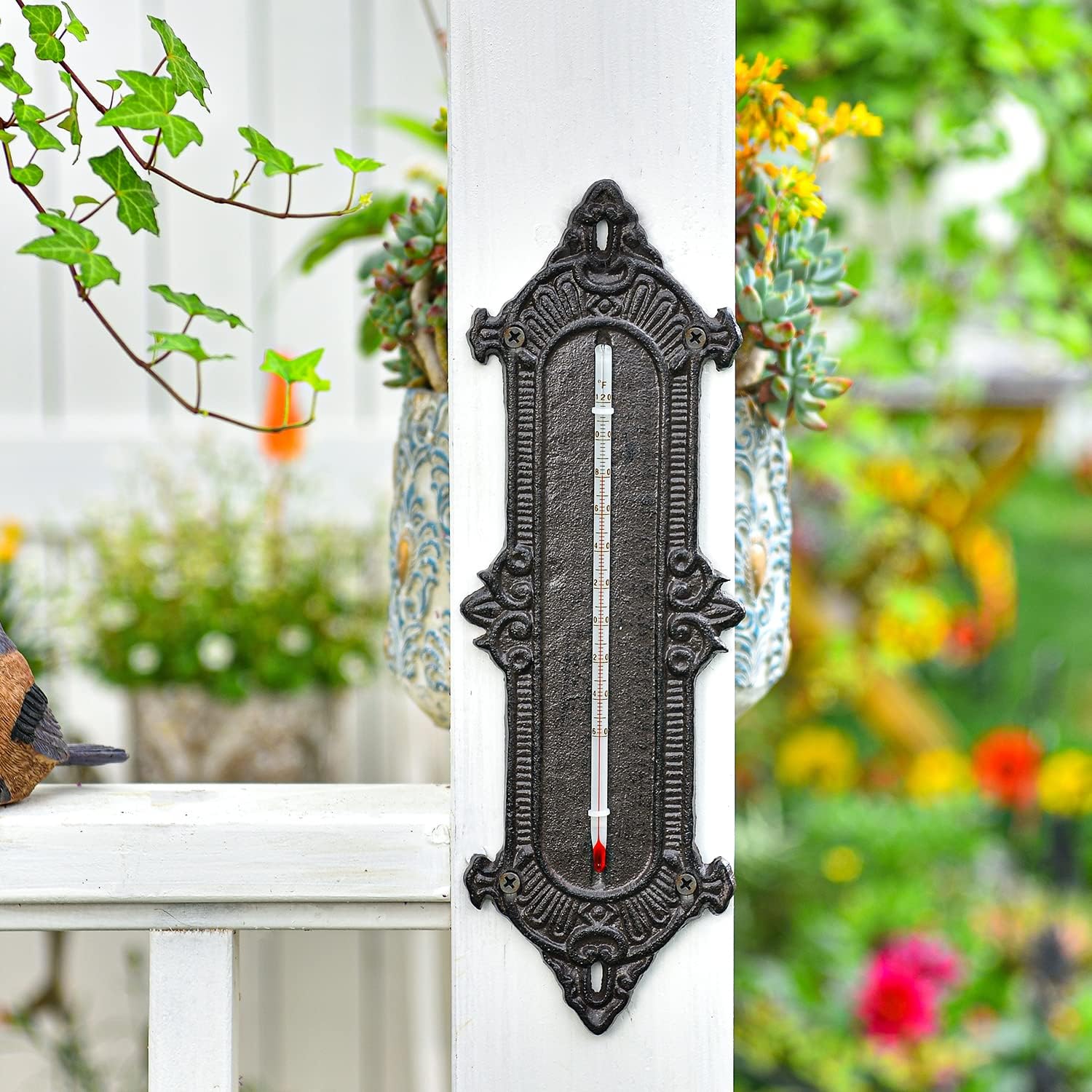 Sungmor Pretty Vintage Wall Mounted Decorative Plaque, Indoor Outdoor Wall Thermometer, Graceful Palace Style Metal Wall Art Decor for Patio Yard Garden Home Temperature Measure