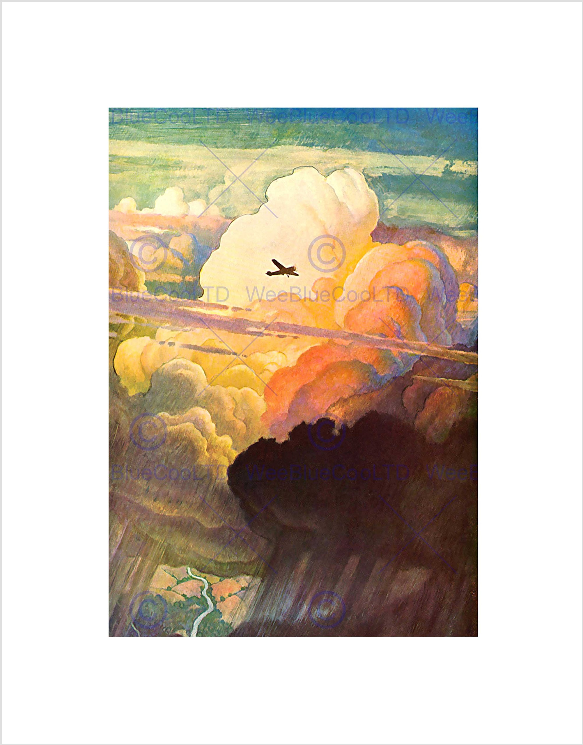 Wee Blue Coo Painting Vintage Sky Clouds Aeroplane Flight 1938 Wall Art Print