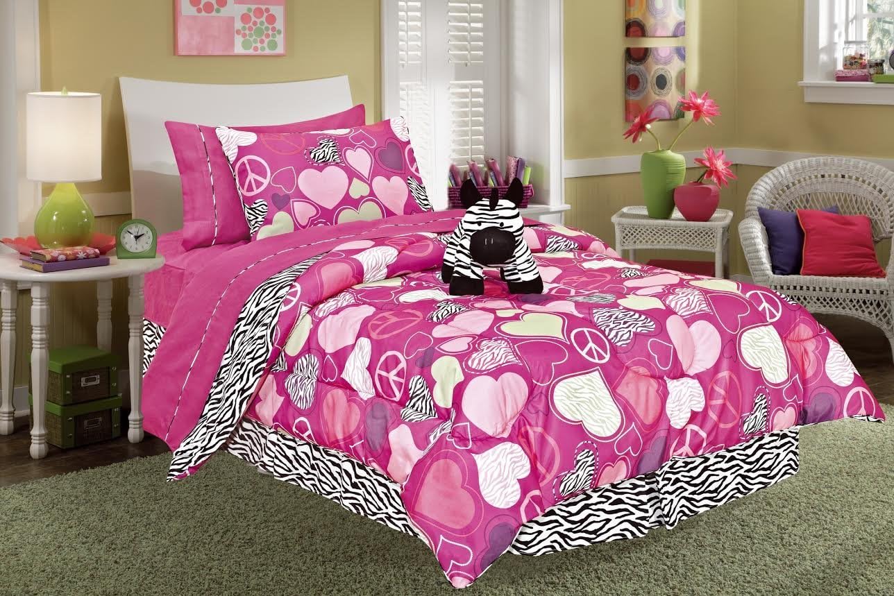 Fancy Collection Kids/teens Zebra Pink Peace Sign Bed-in-a-bag Comforter Set with Toy (Twin, Pink)