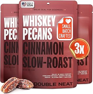 Double Neat Cinnamon Whiskey Pecans – Healthy Bourbon Snacks for Men – Vegan & Gluten-Free – Cinnamon Slow-Roasted Candied Pecans with Bourbon Glaze – Gourmet Sweet Snack – Gifts for Whiskey Lovers – 4 Ounces Each (Pack of 3)