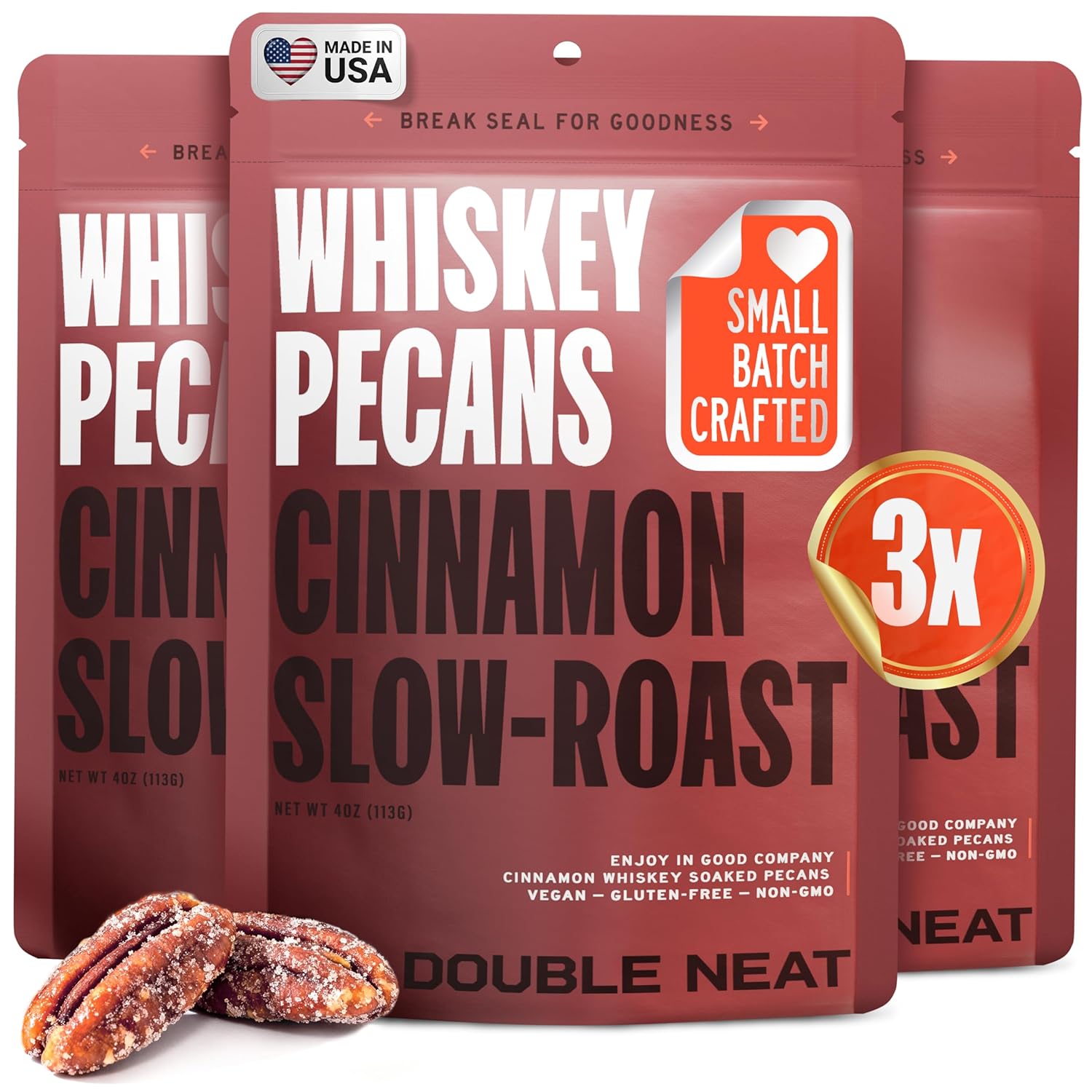 Double Neat Cinnamon Whiskey Pecans – Healthy Bourbon Snacks for Men – Vegan & Gluten-Free – Cinnamon Slow-Roasted Candied Pecans with Bourbon Glaze – Gourmet Sweet Snack – Gifts for Whiskey Lovers – 4 Ounces Each (Pack of 3)