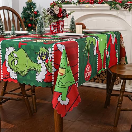 Vista 3 de Mantel de Navidad de 60 x 120 pulgadas, decoración navideña para el hogar, mantel de Navidad de monstruo verde, para temporada de invierno