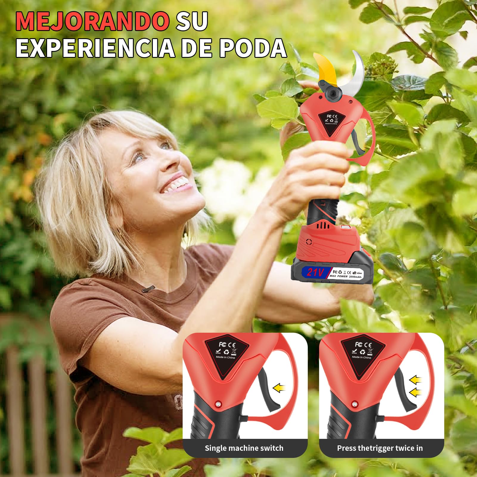 Tijeras de Podar a Batería Profesional con 2 Baterías de 2000mAh Máximo 50 mm, Cuchillas Afiladas Sk7 Motor sin escobillas de tijeras de podar con pantalla LCD para huertos y jardines de viñedos