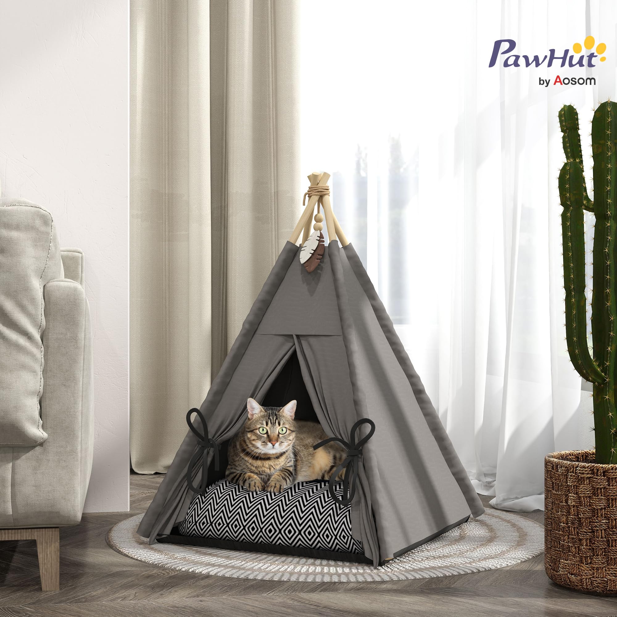PawHut Tipi Tente pour Chats jusqu'à 5kg 60x60x76cm Gris | Tente chat avec coussin amovible lavable, fond antidérapant, balle, pour mini chiens