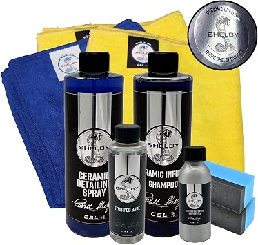 Shelby Ceramic Coating Full Car Care Kit Bundle, including shampoo, ceramic coating, ceramic detailing spray, cloths, applicators plus trigger spray for ease of use 6 products
