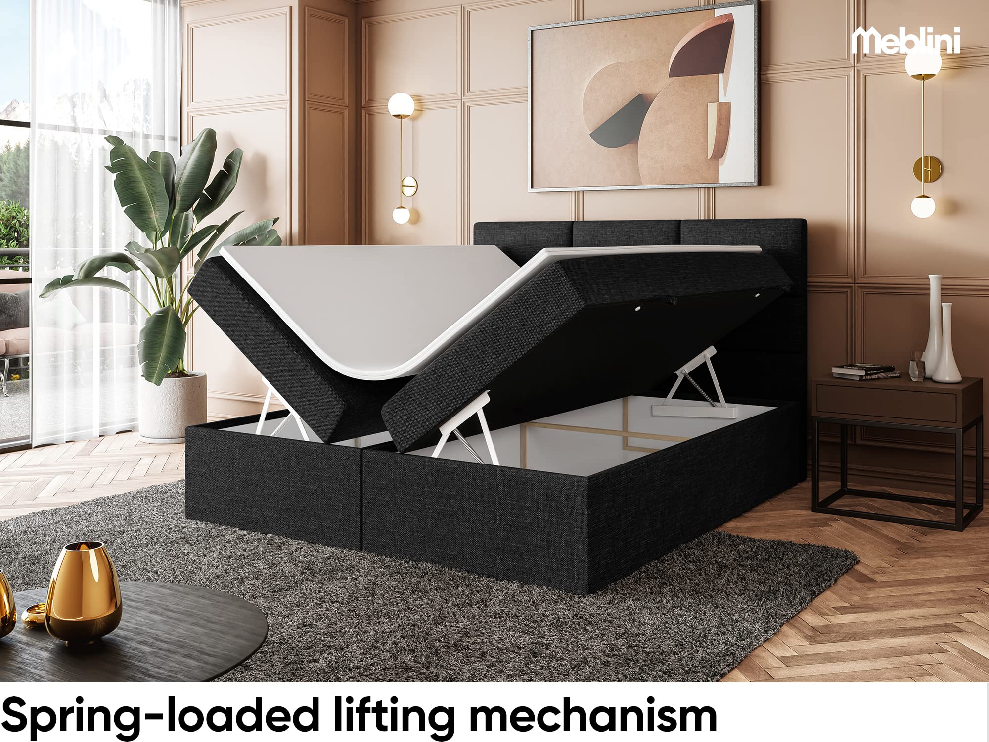 MEBLINI Boxspringbett mit Bettkasten - 200x200 - Gepolstert Doppelbett mit Matratze und Topper - Polsterbett mit Stauraum - Bett ohne Kopfteil - Stauraumbett - KYLIAN - H4/Schwarz Webstoff