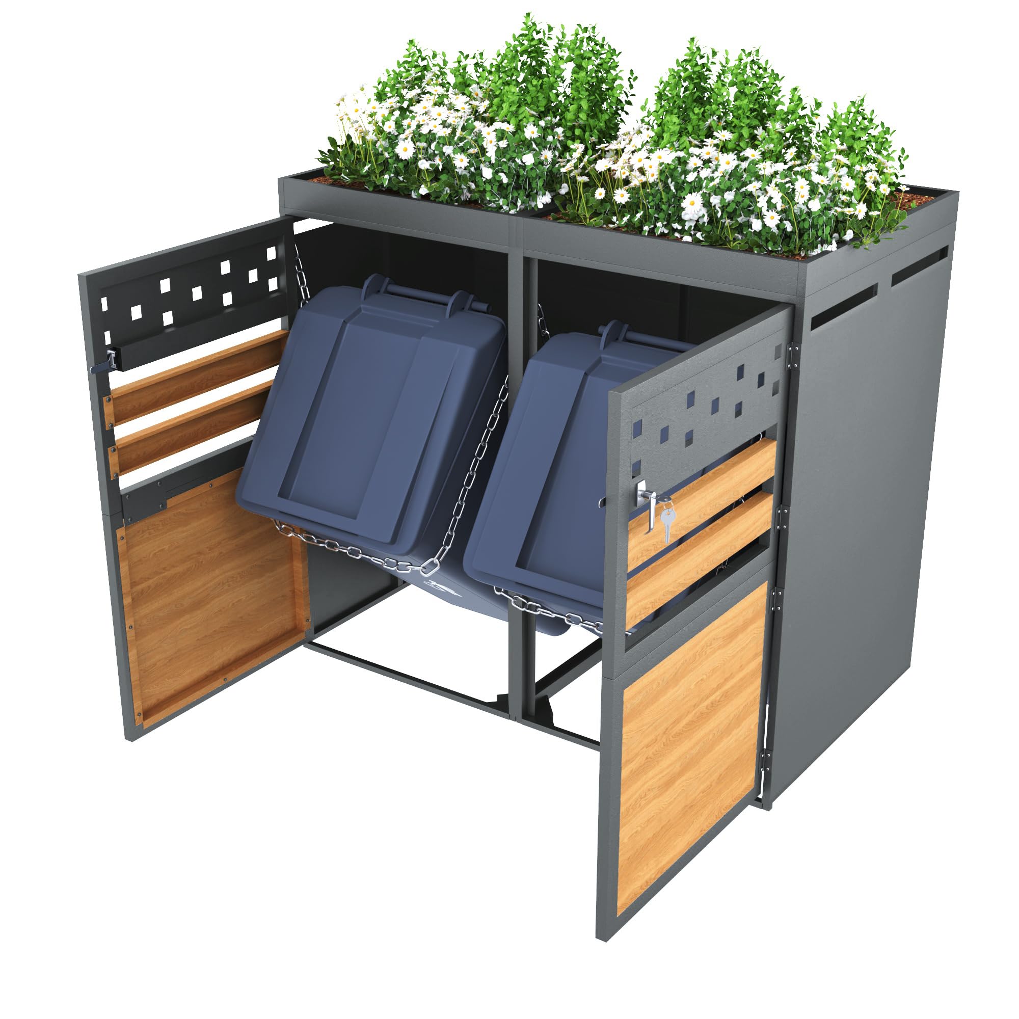 Mülltonnenbox Metall für 2 Tonnen 120L–240L mit Pflanzdach, abschließbare Tür, Belüftungsschlitze, Schlüsselsystem, Anti-Kipp-Kette, Pflanzfläche, Regenablauf, wetterfest, Erweiterbar (Grau,1)