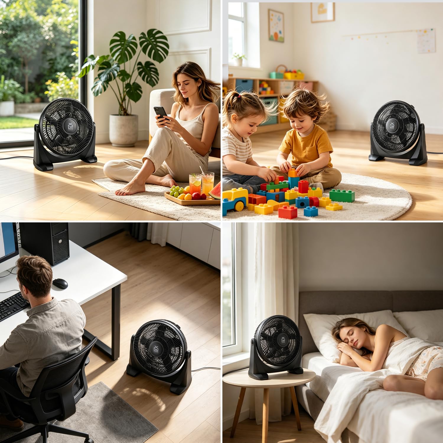 Ventilatore da tavolo silenzioso e potente, 38 cm, 5 pale, 1300 giri/min, 55 W, inclinazione 90° e 3 velocità, raffreddamento ottimale massima sicurezza, griglia di sicurezza, dissipazione termica