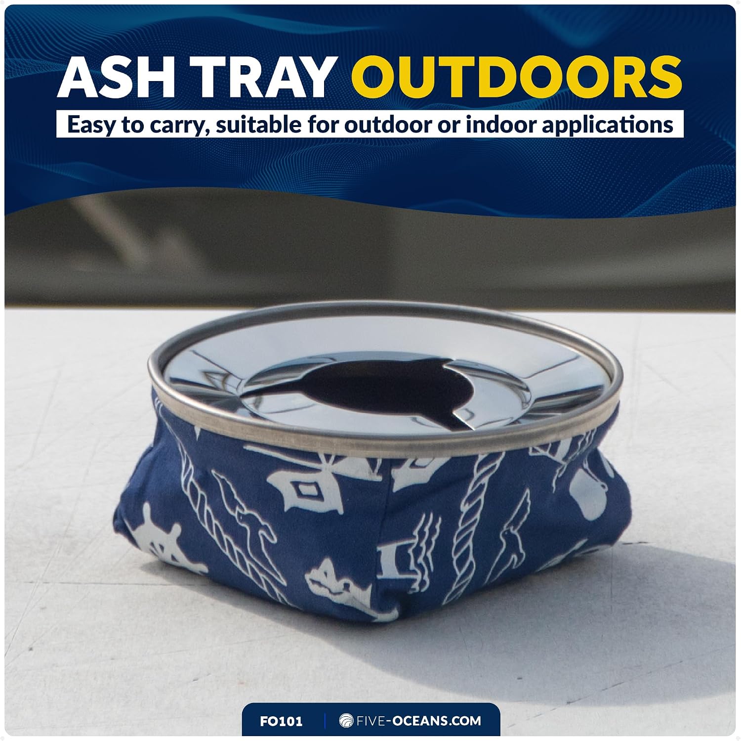 Five Oceans Marine Windproof Ashtray, Blue, 4-1/8-Inch Diameter, Ash Tray Stainless Steel and Blue Fabric for Boats, Outdoor and Patio Activities - FO101