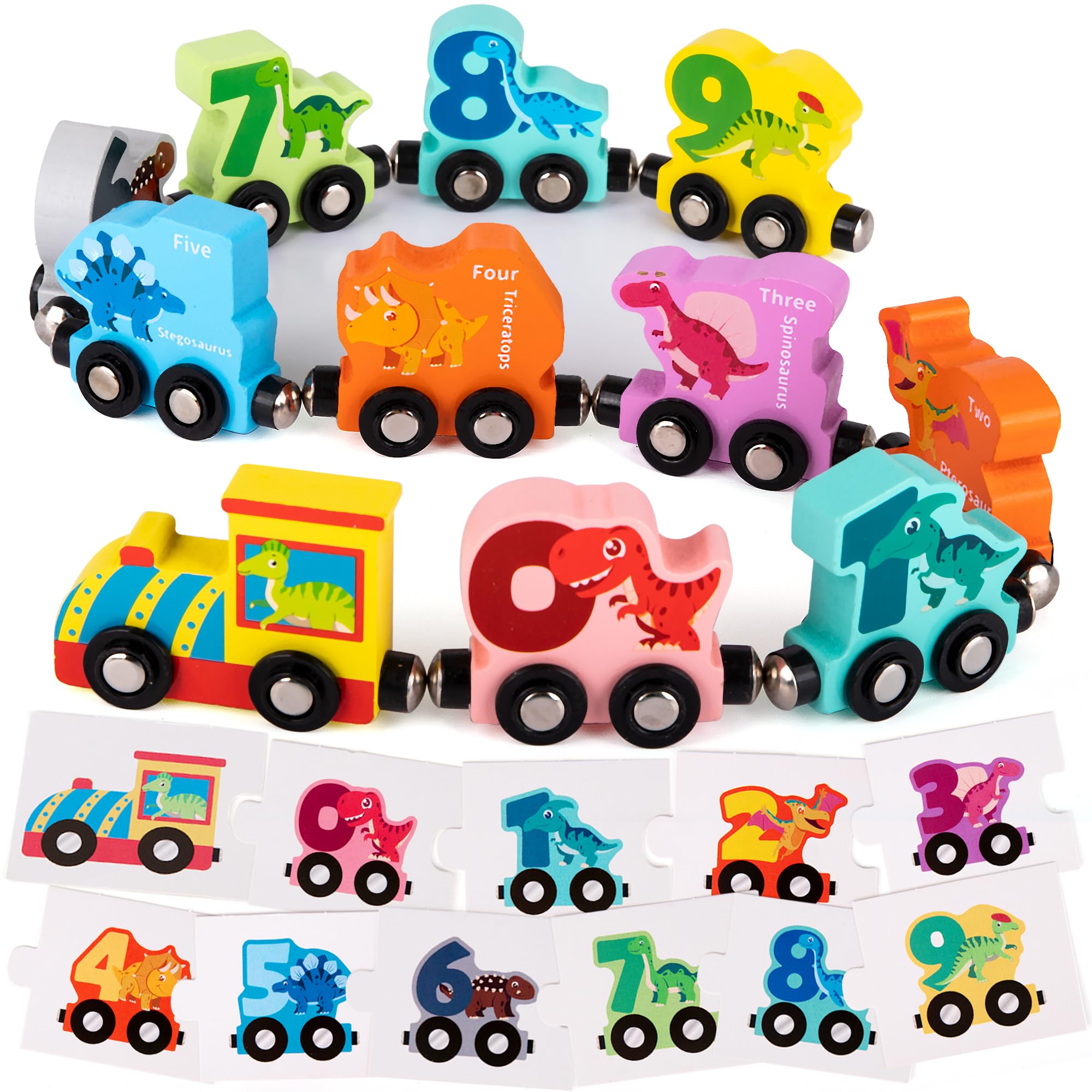 MEMOFYND Tren De Dinosaurios De Madera Con Rieles Arcoíris Y Números – Juguete Educativo Para Niños De 1 A 3 Años – Incluye Bolsa De Almacenamiento