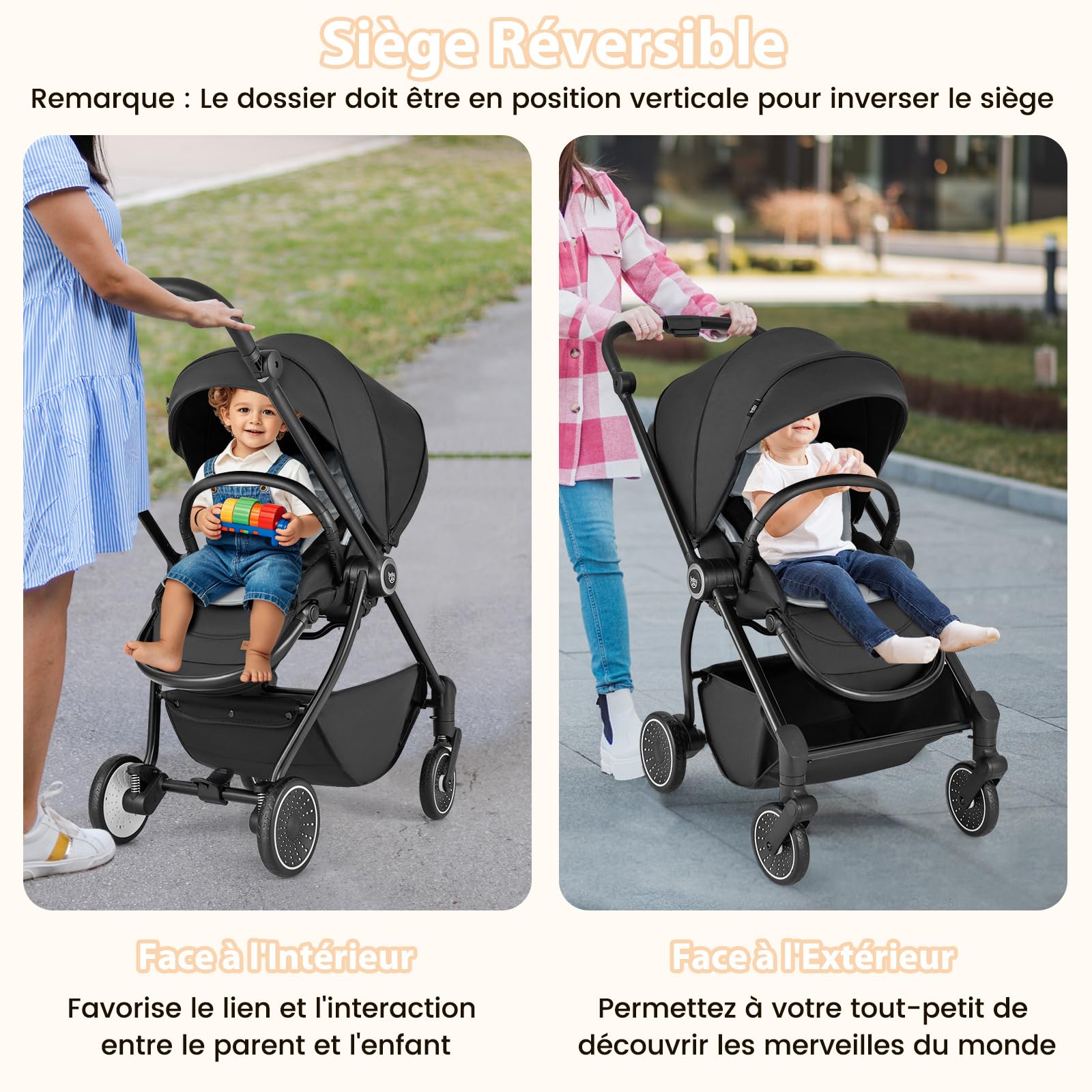 COSTWAY Poussette Canne Bébé 0-3 Ans(Charge 15 kg) avec Siège Réversible & Dossier Inclinable, Poussette Compacte et Légère Pliable avec Auvent Réglable & Panier Inférieur, Harnais à 5 Points (Noir)