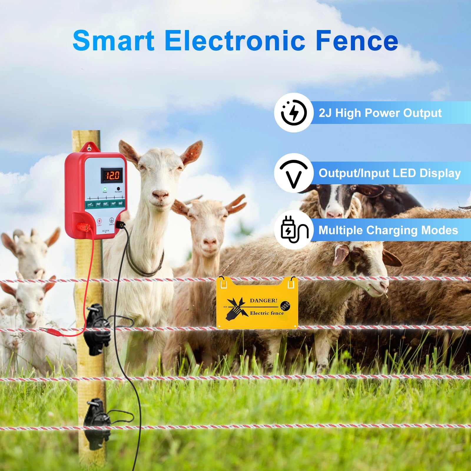 15KM Recinzione elettrica per animali,2J Pastore elettrico con display LED,Recinto elettrico per Galline Pecore maiali Volpi Mucche,Per azienda agrico