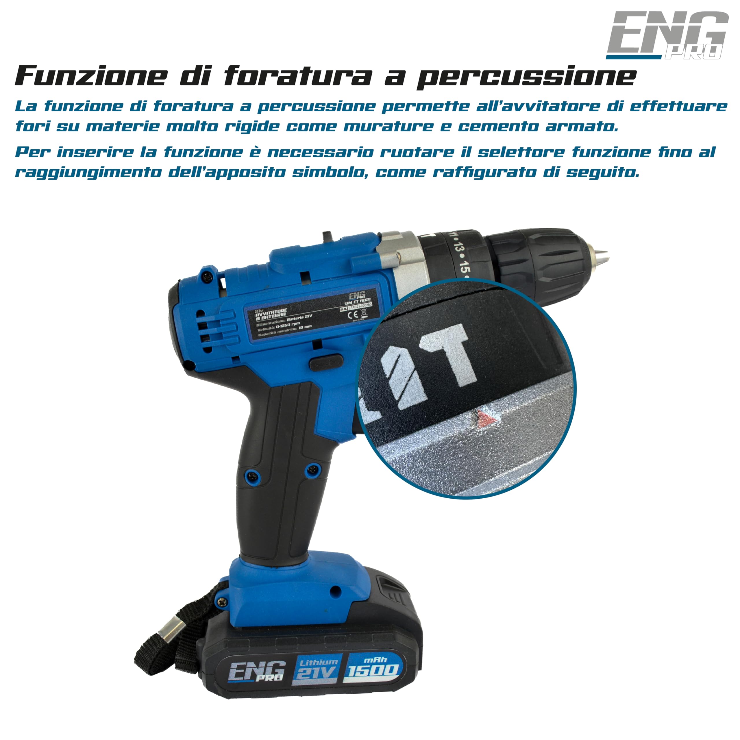 ENG PRO Trapano Avvitatore a Batteria a percussione da 21V in Valigetta 27 Accessori 2 Batterie e 1 Caricatore Velocità 0-1350 RPM Mandrino Autoserrante 10mm - UM ET AB21
