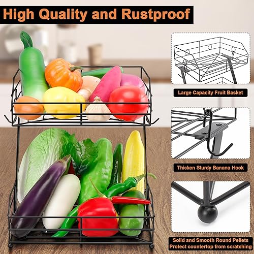 Miniatura 3 de Cesta de frutas de 2 niveles con 2 ganchos para plátanos, organizador de cesta de frutas de alambre de metal para encimera de cocina, soporte