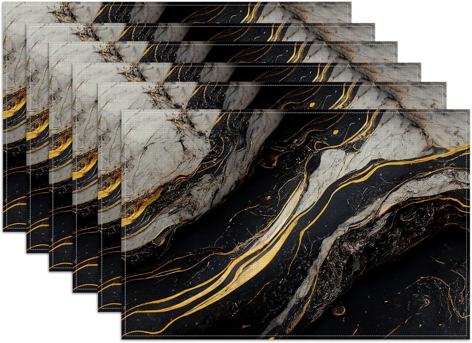 Black White Gold Marble Placemats Set of 6, Washable Heat Resistant Table Mat Li…