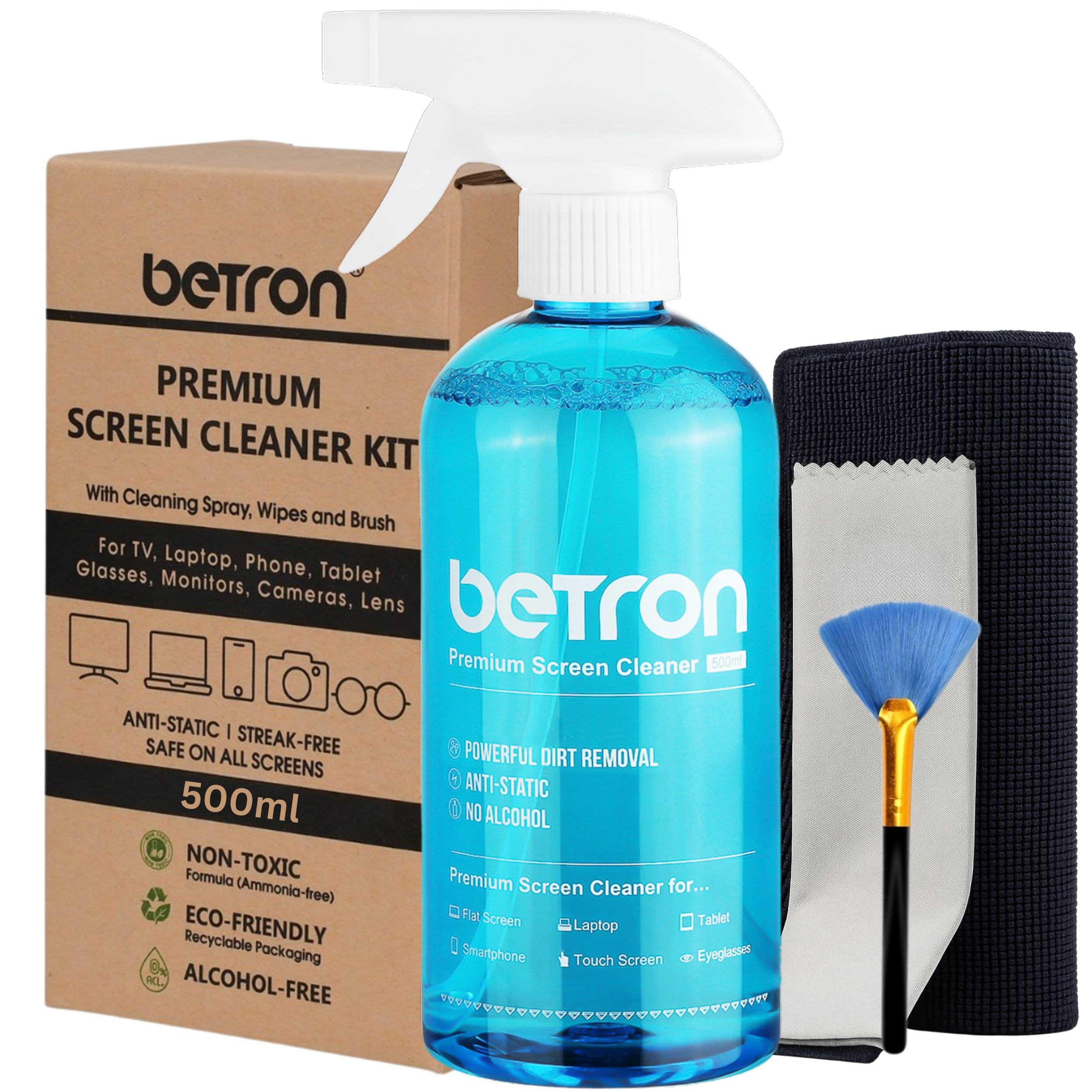 Betron Screen Cleaner Spray (500ml) Large Cleaning Kit for LCD LED OLED TV, Smartphone, iPad, Laptop, Touchscreen, Computer Monitor, Including Microfibre Cloth Wipes