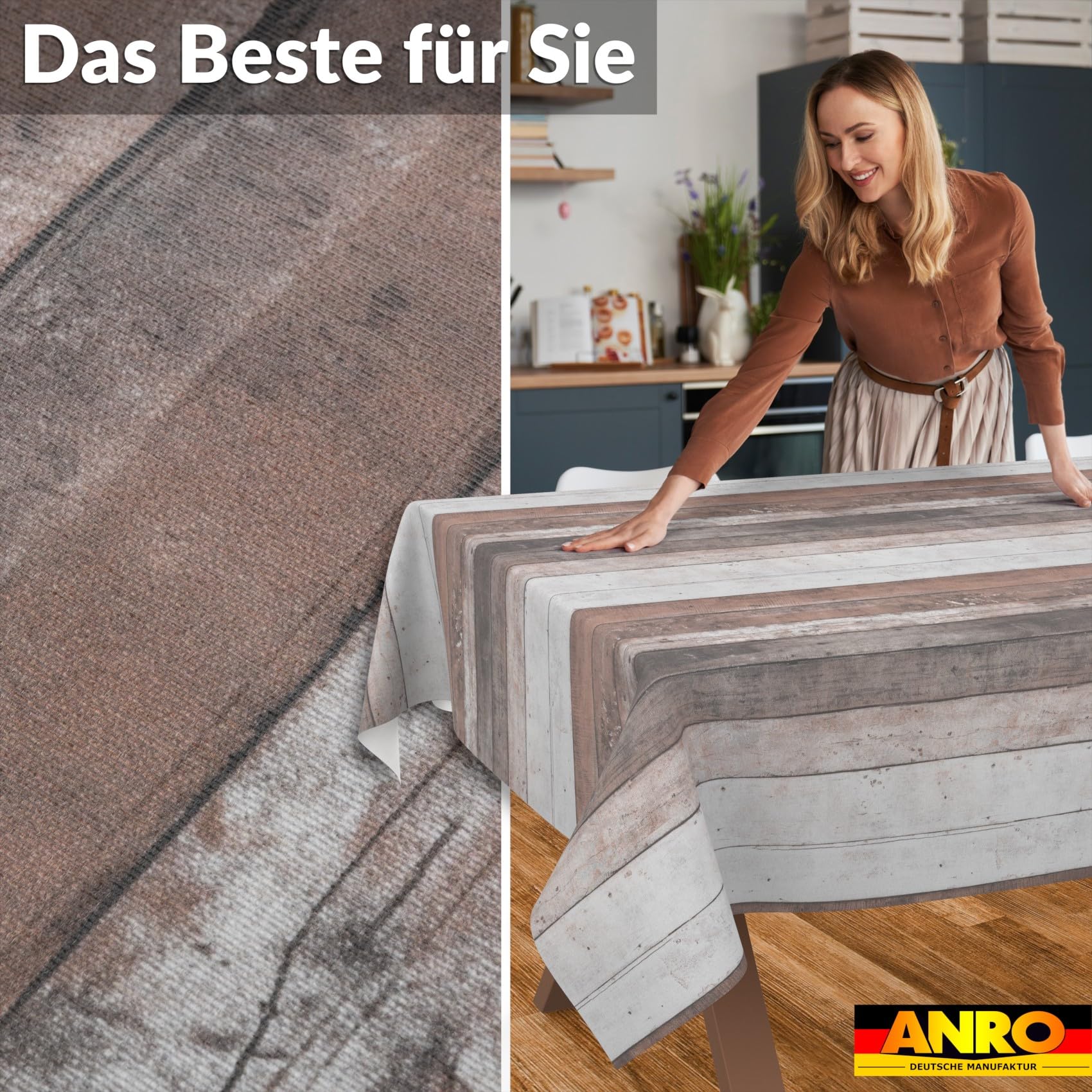 ANRO Mantel de Mesa 70% Algodón 30% Poliéster Diseño Madera Rústica | Antimanchas Fácil Limpieza Cocina Jardín 400x140 cm
