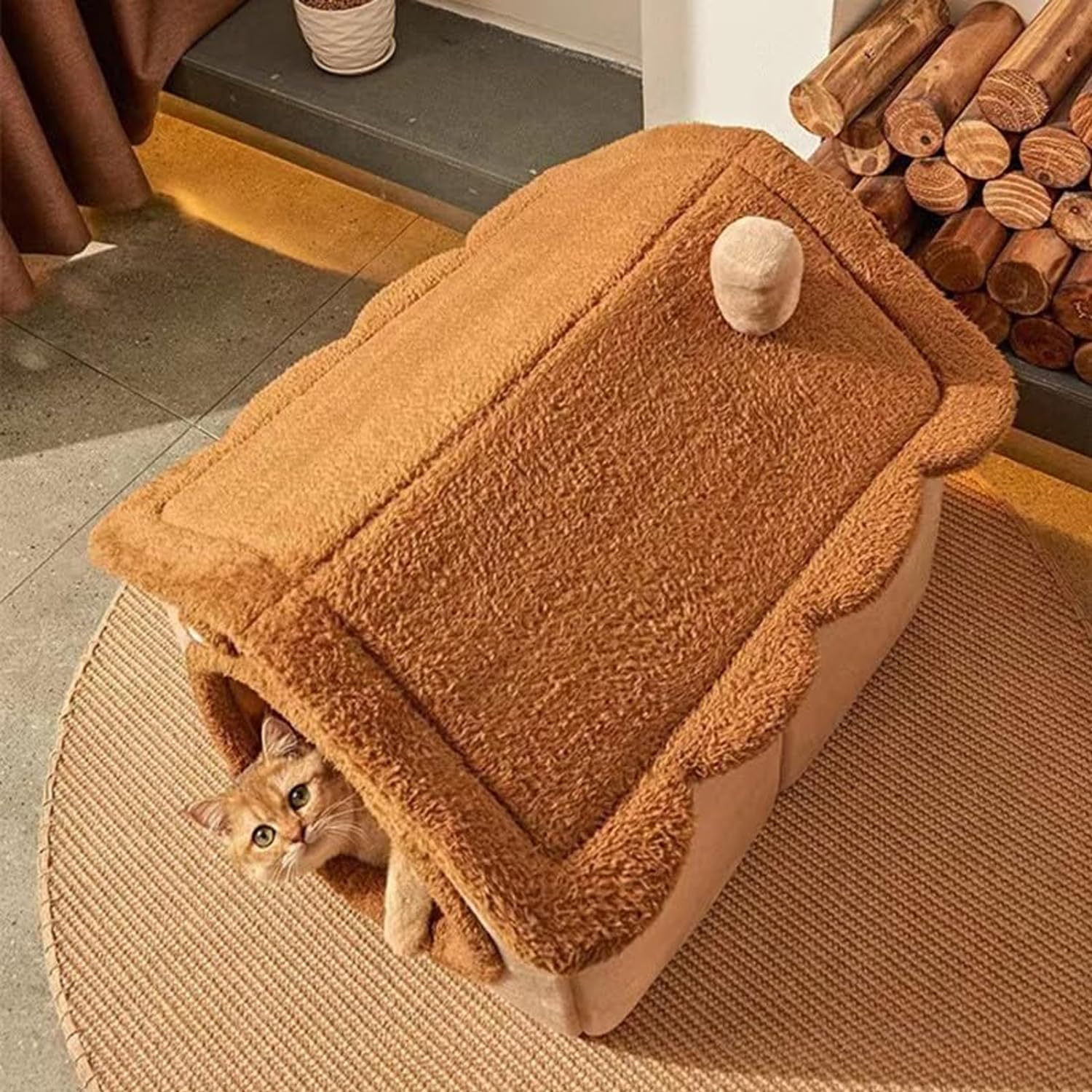 لينجي سرير للقطط في الاماكن المغلقة، منزل قطط كبير قابل للطي مع بساط، سرير قطط ناعم ومريح وقابل للغسل والفصل، مناسب للقطط والكلاب والحيوانات الاليفة الصغيرة والمتوسطة الحجم (بني، 40×35×38 سم)