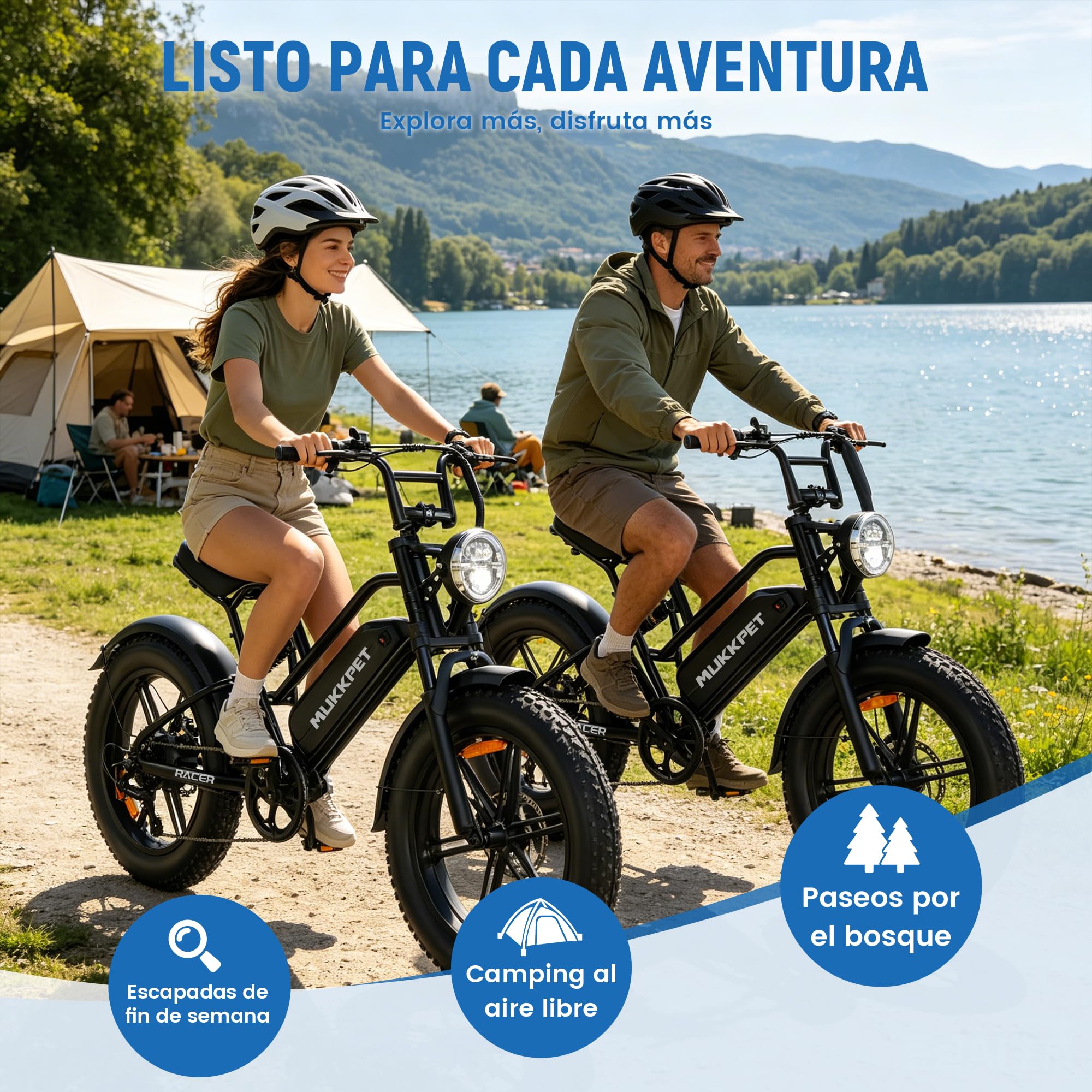 Mukkpet Racer Ebike, Bicicleta EléCtrica 48v 18ah 864Wh, AutonomíA 120 Km, para Adultos, Velocidad Legal 25 Km/H, Todoterreno, Doble SuspensióN, 7 Velocidades, NeumáTicos Fat 20” X 4.0