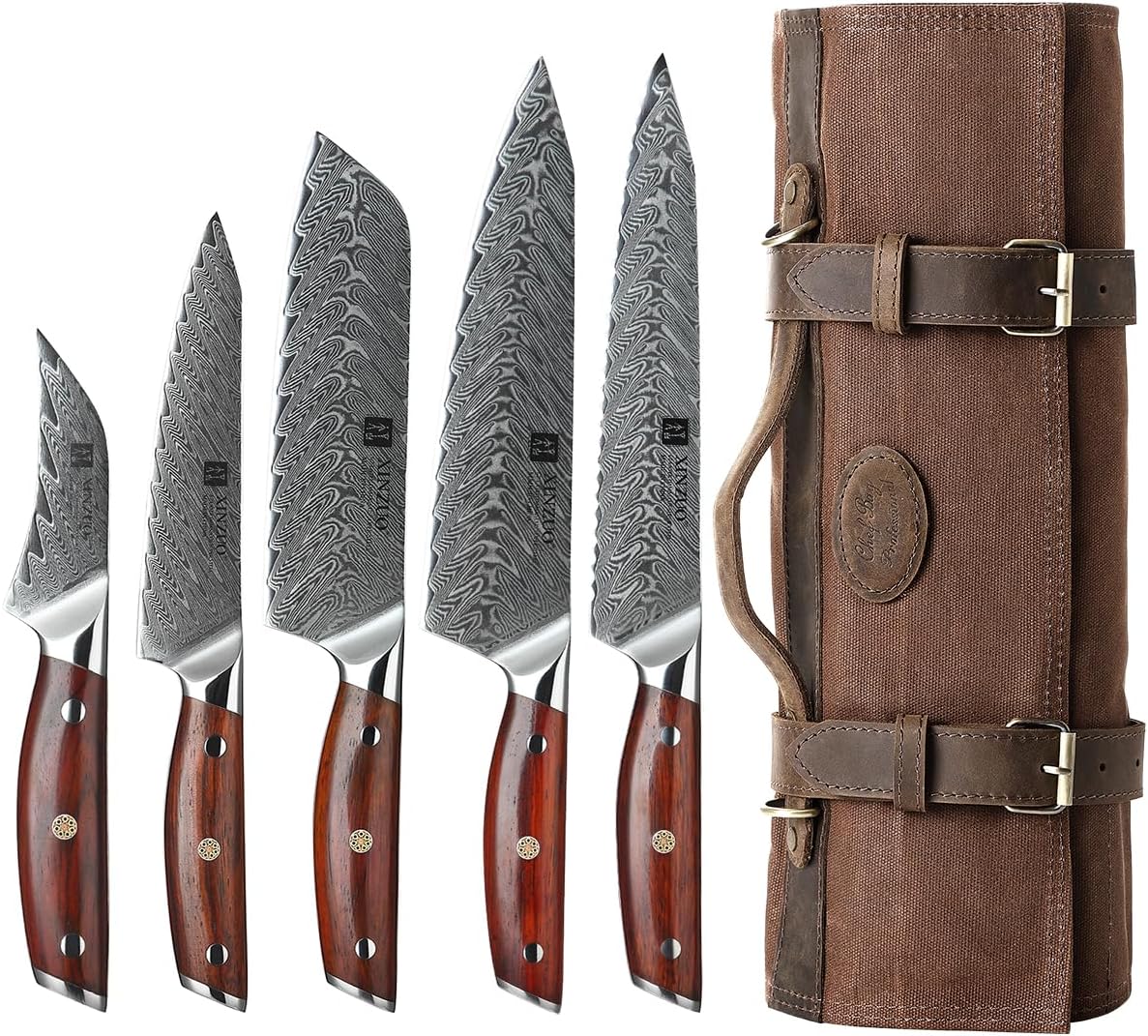 XINZUO 5-Piece Damascus Chef Knife Set with Roll Bag,Professional Kitchen Knife Set, 16oz Waxed Canvas and Crazy Horse Leather Knife Case-With 12 Slots Plus 2 Zipper Pockets