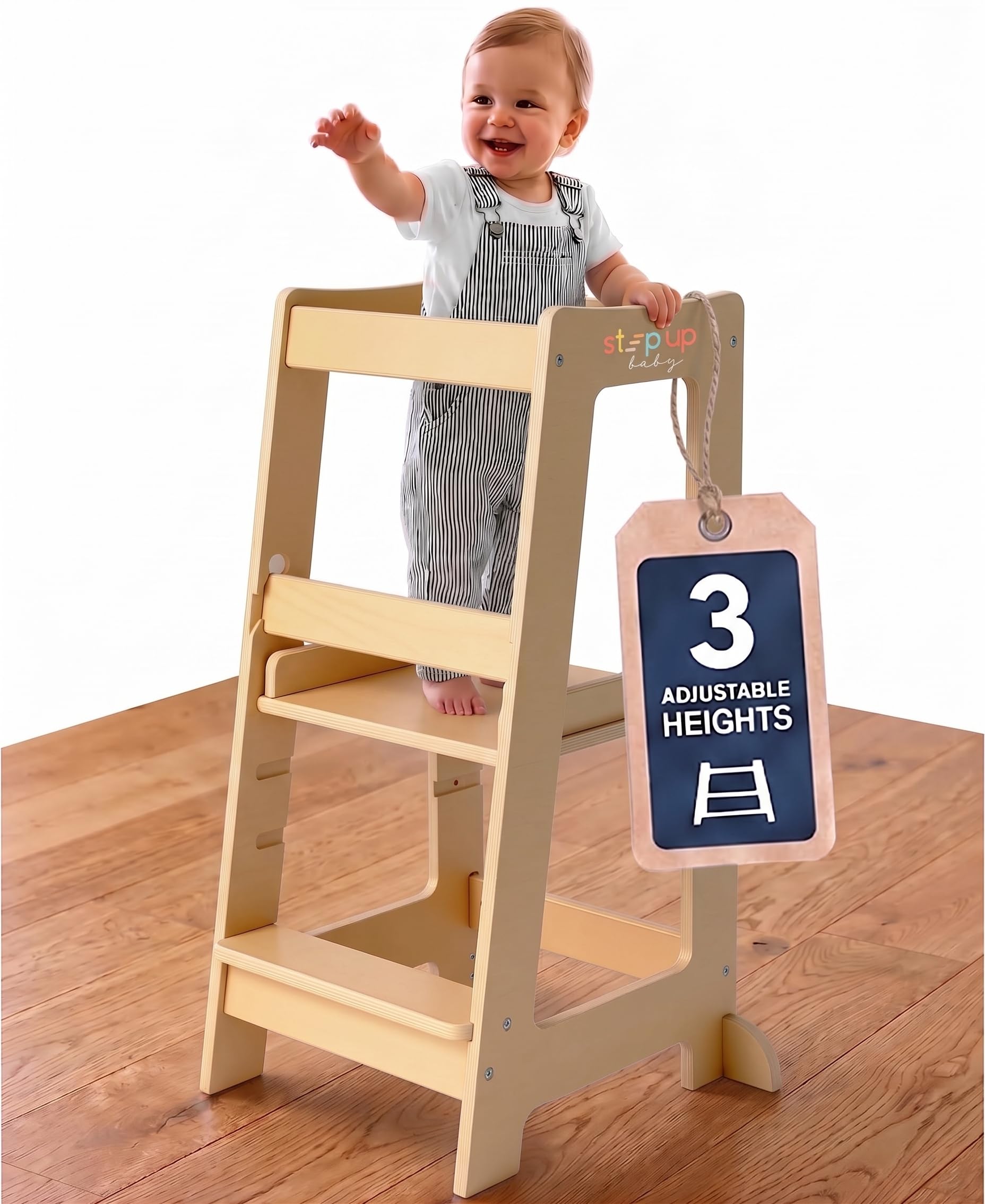 Toddler Tower 3-Level Adjustable Wooden Toddler Step Stool Varnished
