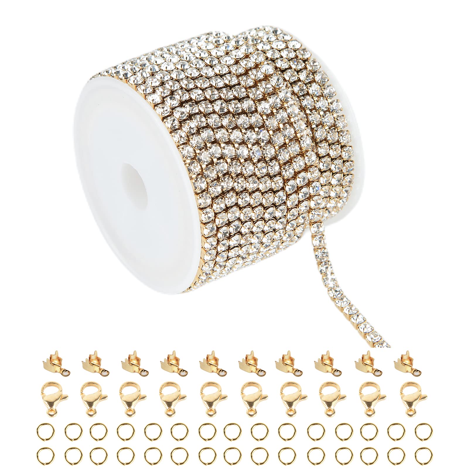 UMAOKANG 16.4 Feet Gold Plated Stainless Steel Trimming Claw Chains for Bracelet Jewelry Making, Clear Crystal Rhinestone Close Chain with Lobster