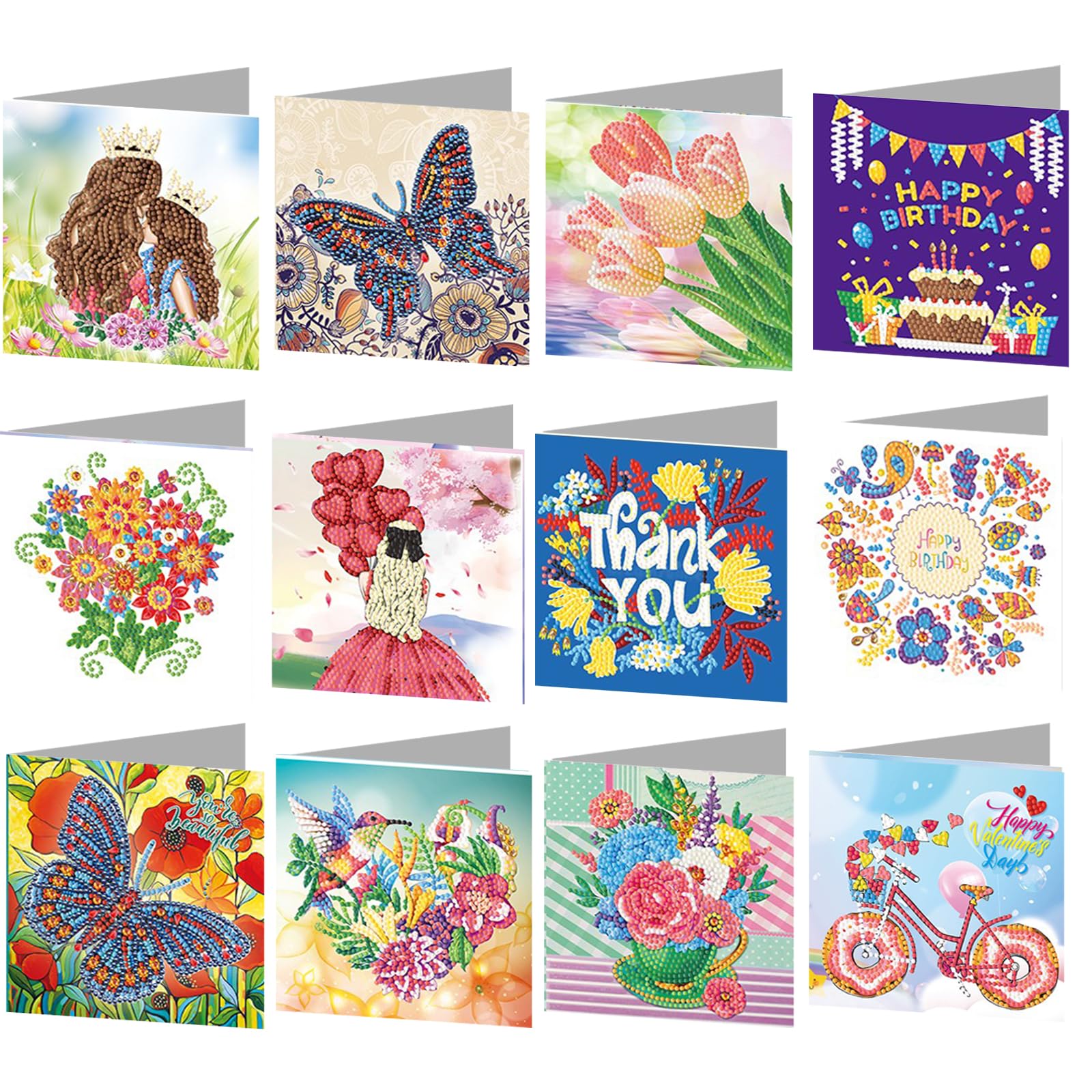 POETRYDRAW 12Pcs DIY Diamond Art Greeting Cards Set with Envelopes & Tools for Birthdays & Occasions
