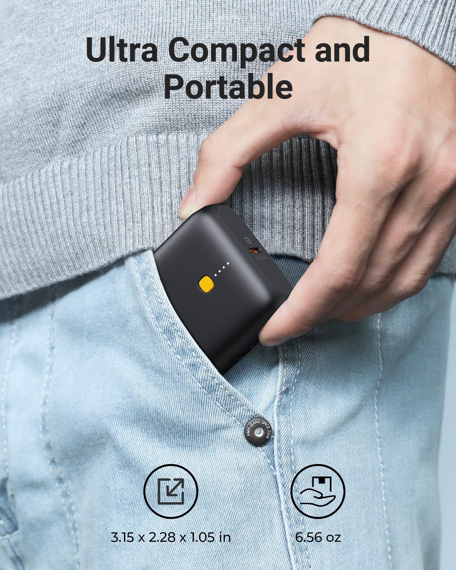 Powerbank VOLTME 10000mAh 36Wh Rapida Doppia, Porta USB-C e USB-A Batteria Esterna Compatta e Leggera Caricabatterie Portatile per iPhone Samsung Android e Dispositivi USB-C power Bank 2-Port Grigio