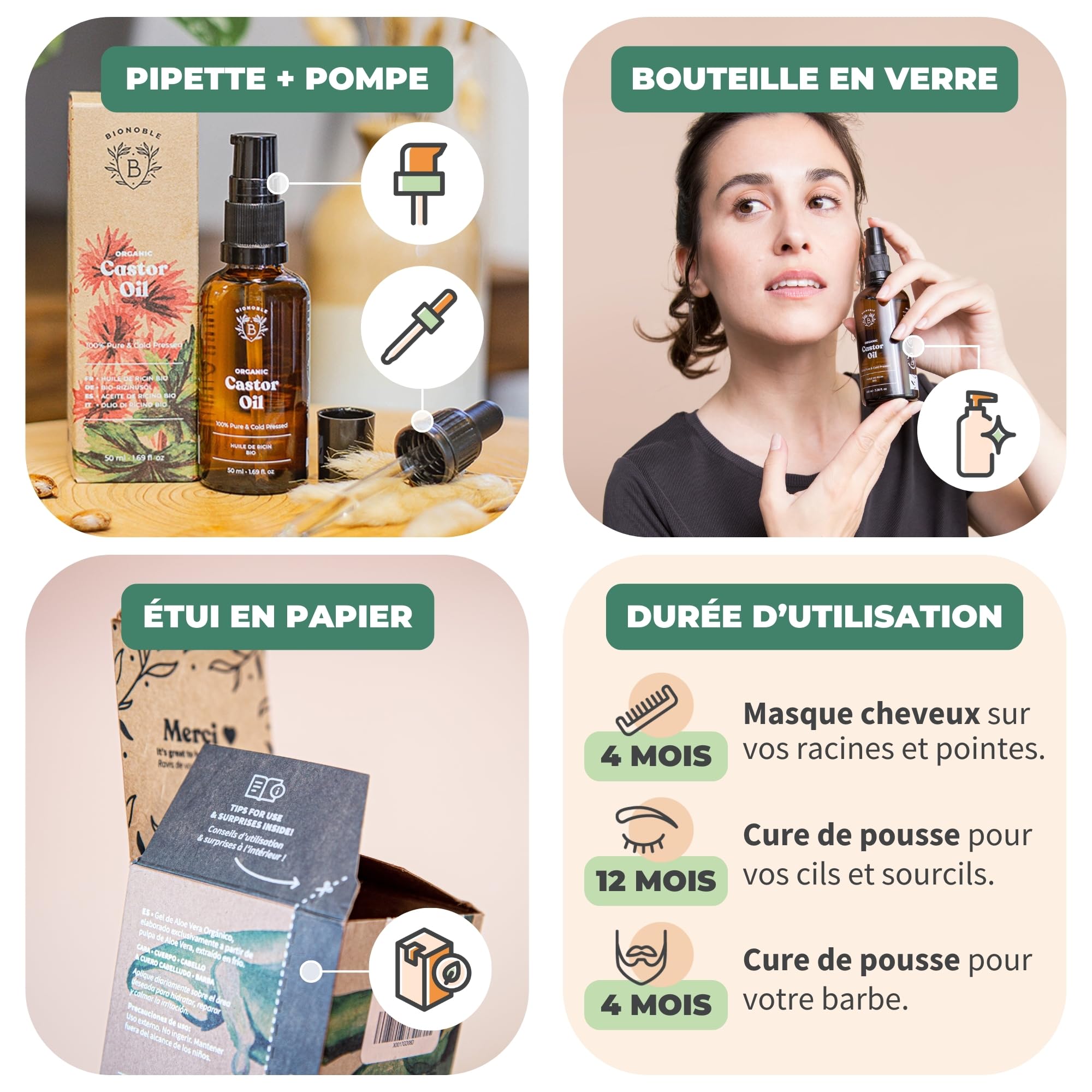 BIONOBLE Rizinusöl Kaltgepresst Bio - 100% Natürlich, Ohne Hexan - Wachstumsfördernd, Repariert - Rizinusöl Bio Haare, Wimpern, Augenbrauen, Haut - Castor Oil - Glasflasche, Pipette, Pumpe - 50ml - 3