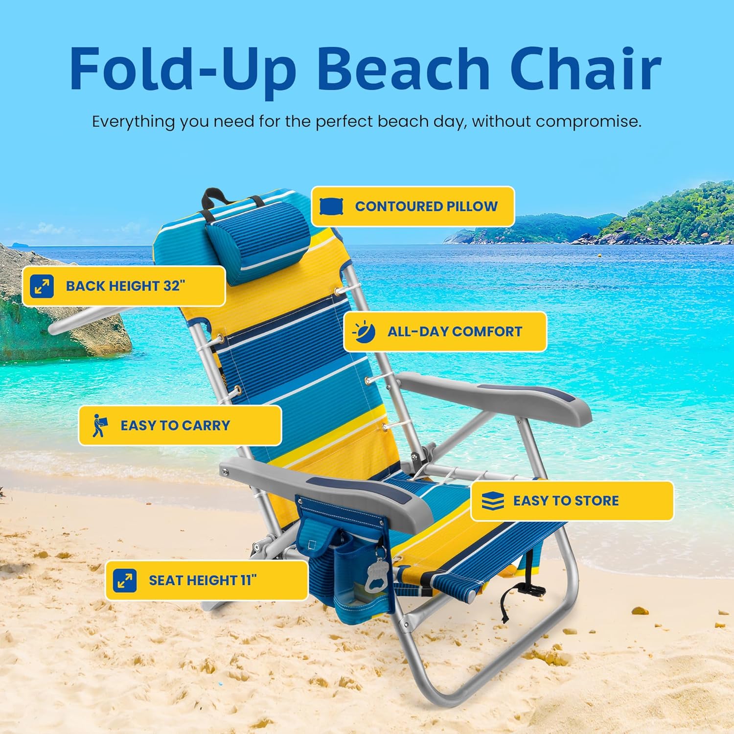 Homevative Cooler+ Folding Backpack Beach Chair with 5 Positions, Towel bar, XL Cooler Pouch, Storage Net, Cup and Phone Holder, Sunshine