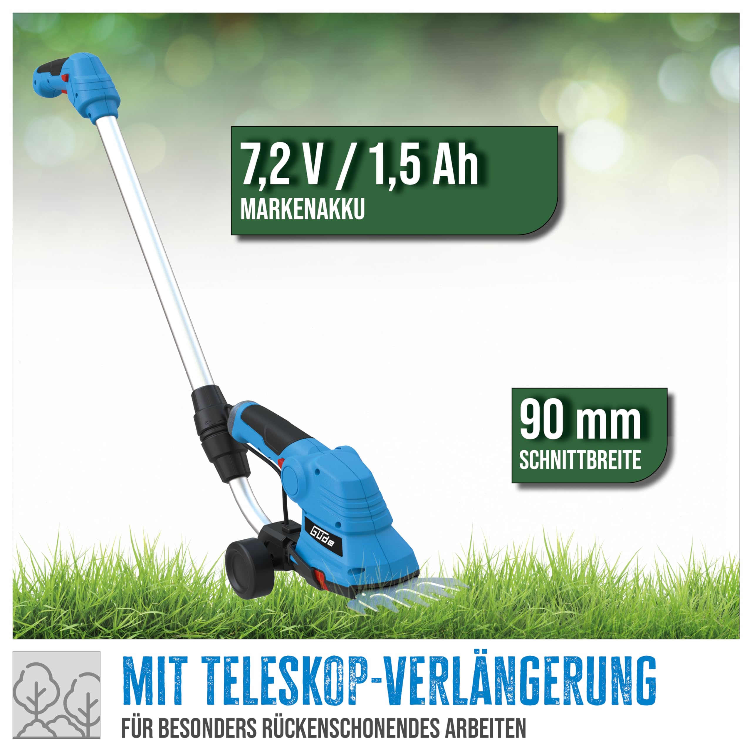 Güde Kit per la cura del giardino a batteria GPS 7,2 V-1.5 agli ioni di litio (batteria integrata 7,2 V/1,5 Ah, TÜV/GS, accessorio per cesoie per siepi e cespugli, prolunga telescopica con telaio,
