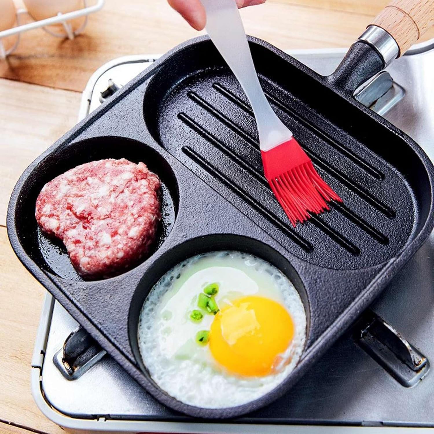 JTLB Nonstick Square Grill Pan 3 Section Versatile Breakfast Skillet Divided Egg Frying Pan for Stove Cast Iron