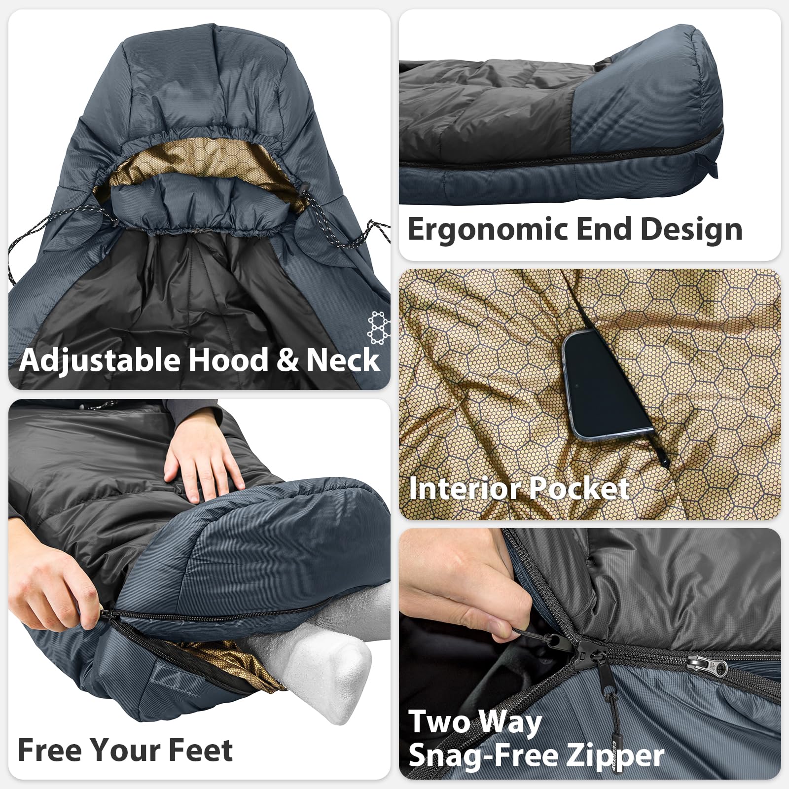 GEERTOP Saco de Dormir Invierno Momia para Adultos - Grafeno & Fibra Vegetal, 3-4 Estaciones (1500g, Confort -3°C a 4°C), Repelente al Agua, para Camping y Coche