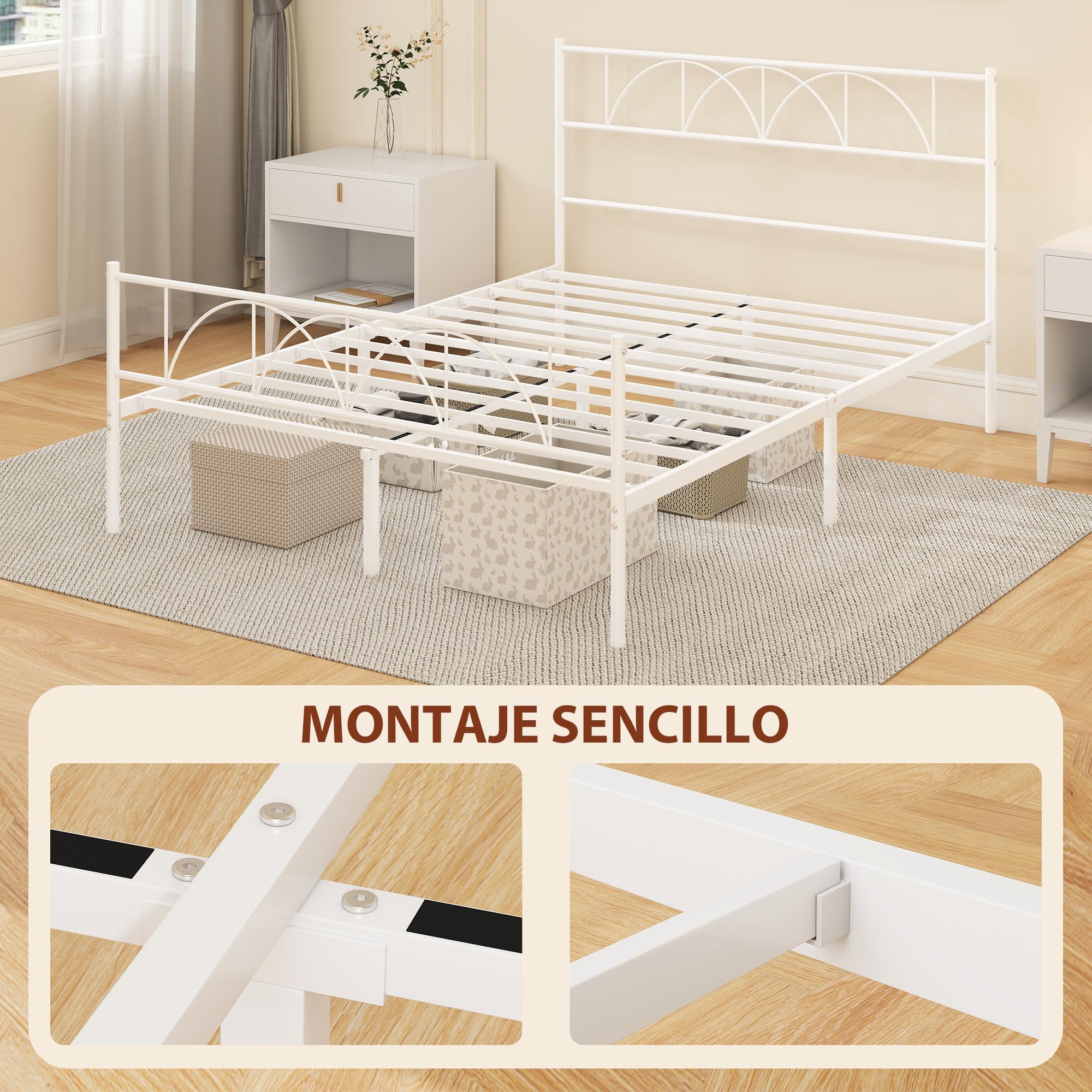 HOMCOM Cama Matrimonio 140x190 cm Estructura Acero Cabecero Almacenamiento Blanco