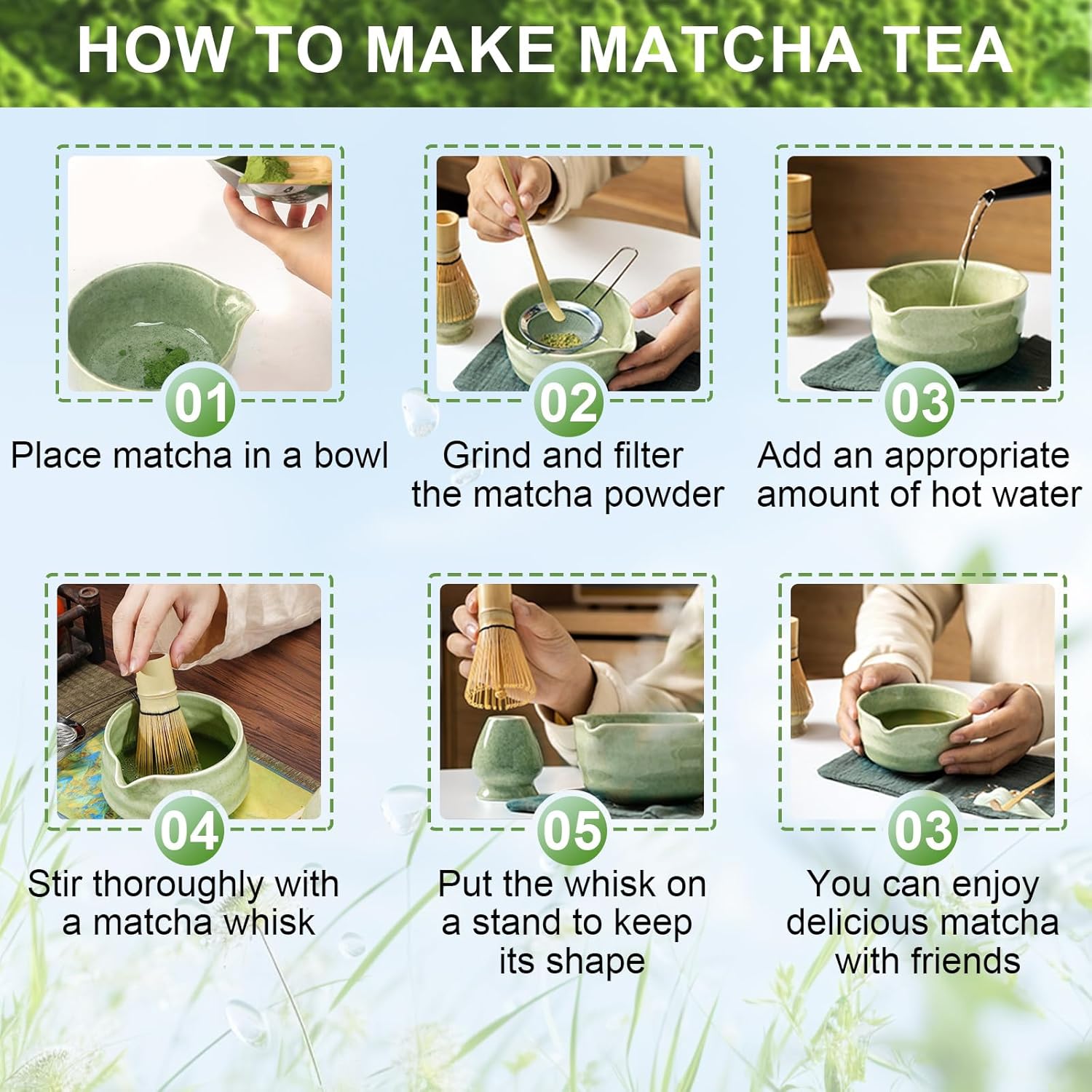 Matcha Set of 6 Matcha Tea Sets, Ceramic Matcha Bowl with Spout, Bamboo Matcha Broom Chashaku, Wooden Spoon, Stainless Steel Strainer, for Home, Office, Tea Room