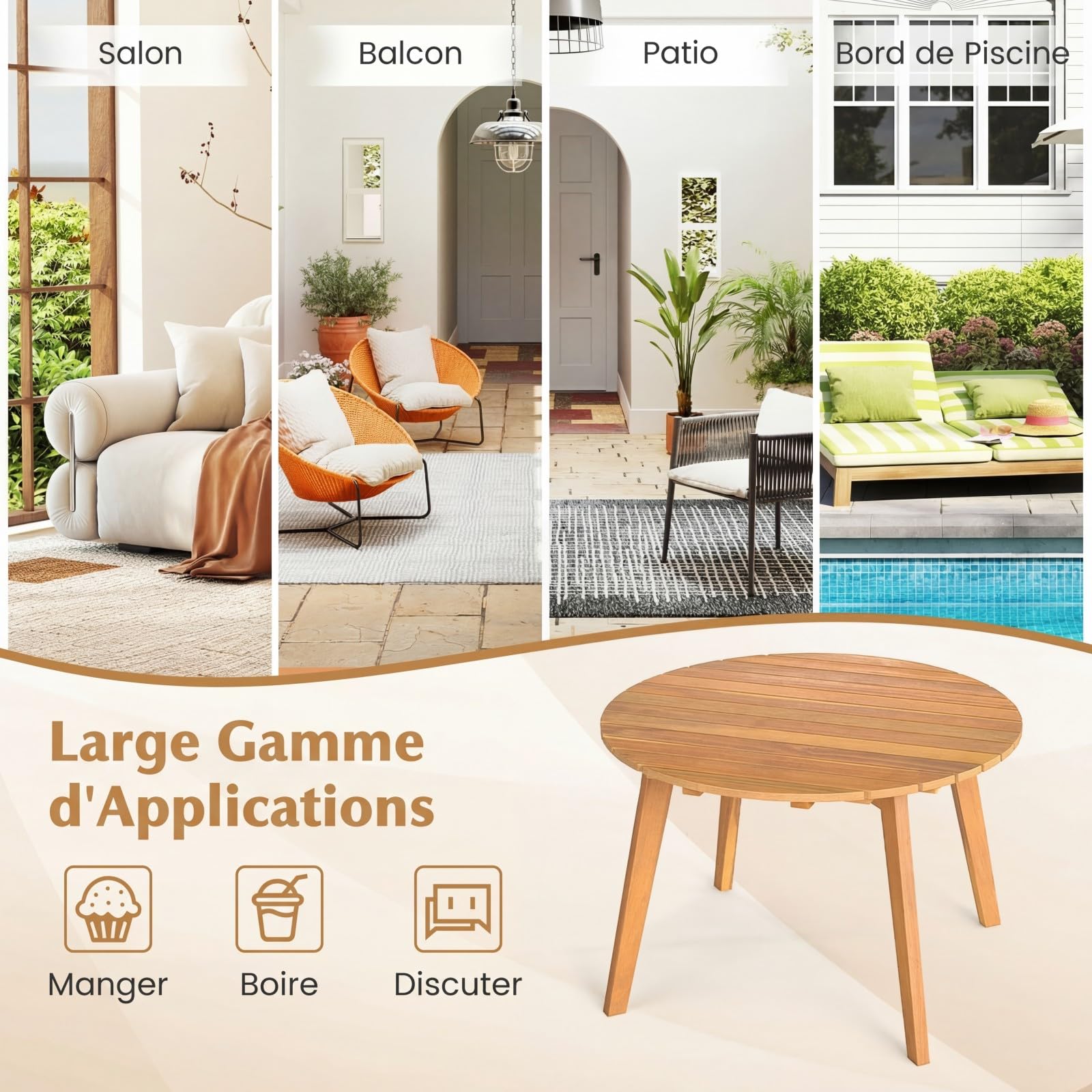 GOPLUS Table Basse Exterieur 62x40cm, Petite Table de Jardin en Bois d'Acacia avec Plateau Rond à Lattes&4 Pieds Fiables, Montage Facile, Meuble de Bistrot pour Terrasse Balcon Piscine, Charge 75kg