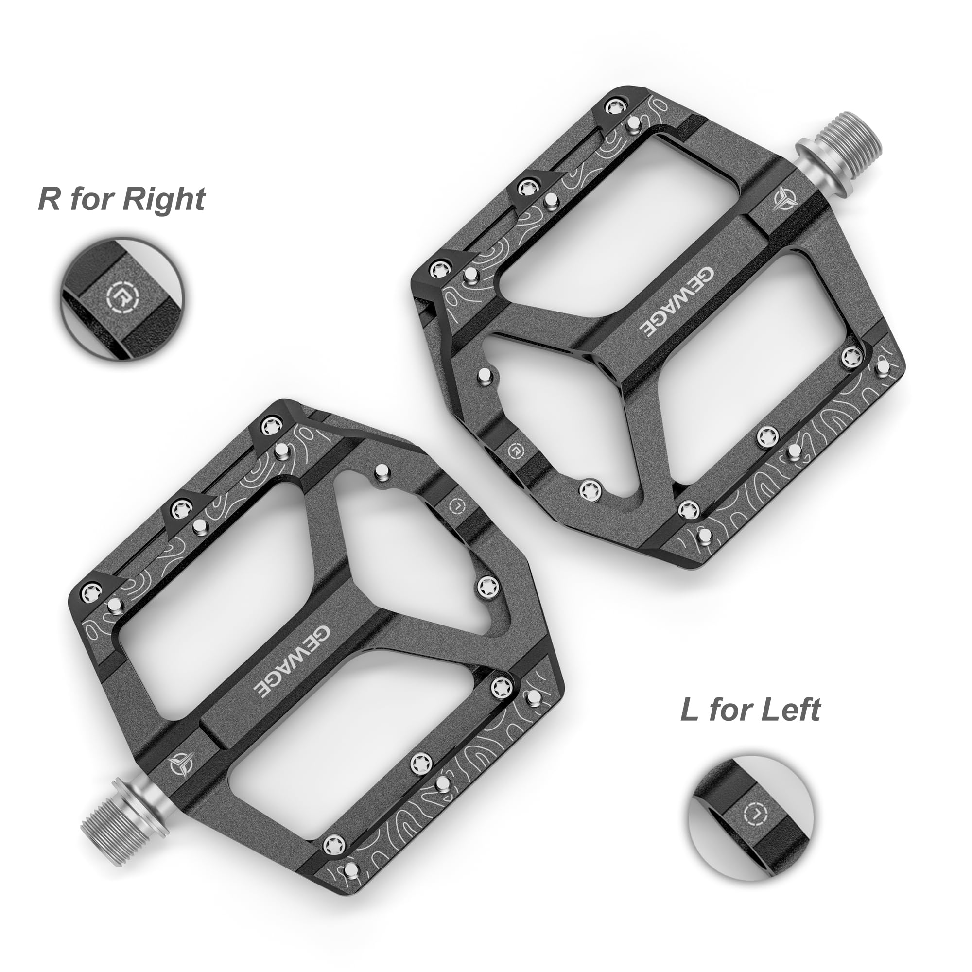 GEWAGE Pédales Plate MTB – Pédales de vélo antidérapantes en Alliage d'Aluminium usiné CNC, axe 9/16", 4 Coloris
