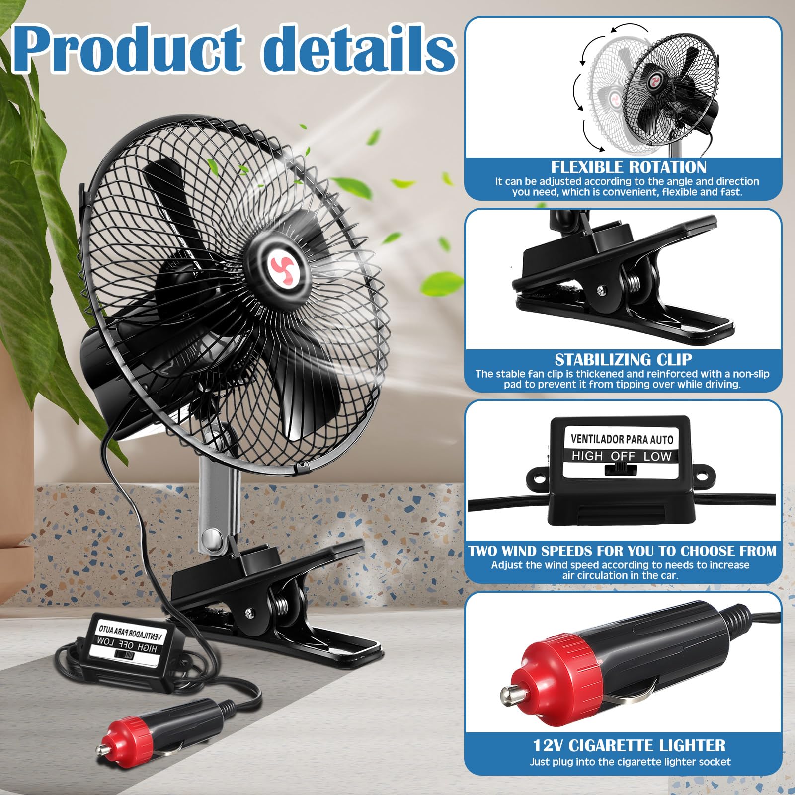 Amazon.com: Tujoe 2 Pcs Portable Car Fan with Car Cigarette Lighter  Electric Cooling 12 Volt Oscillating Fan 12 Volt Fan Automobile Vehicle 360  Degree Swivel Fan with Clip for Car Truck Supplies,
